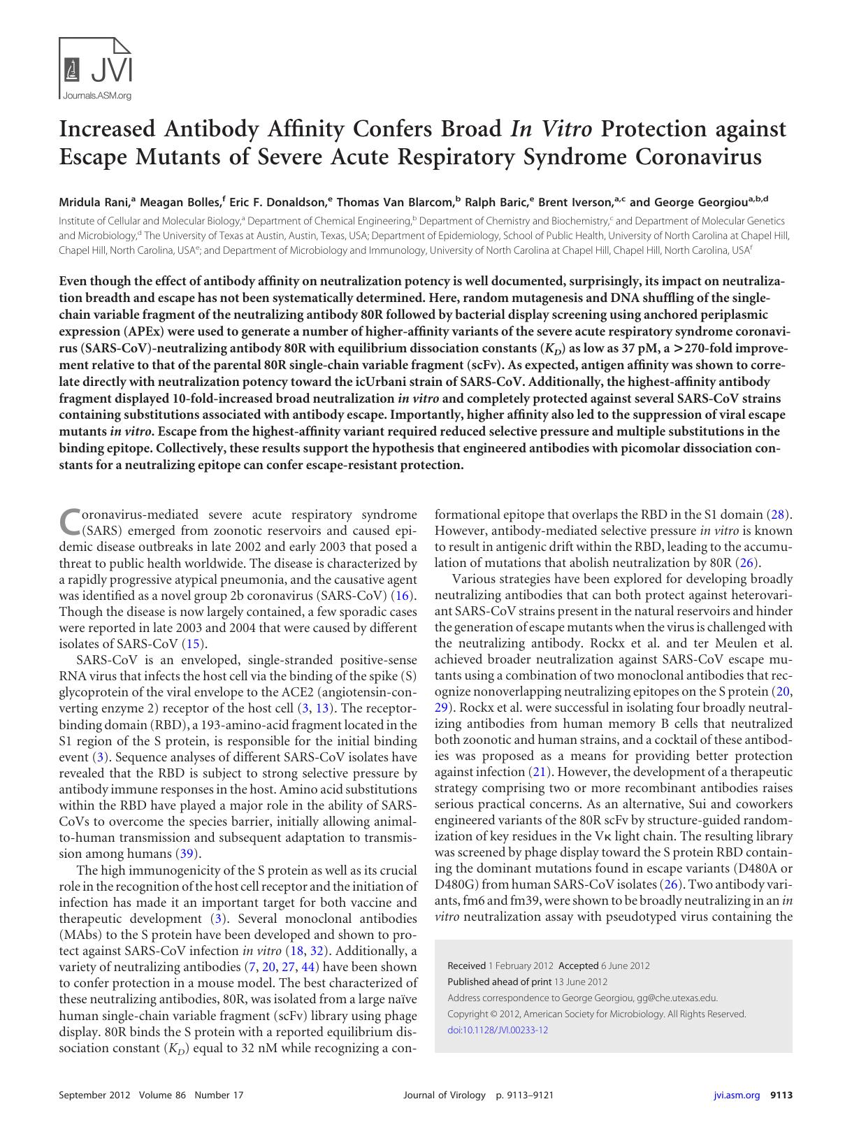2012 Increased Antibody Affinity Confers Broad In Vitro Protection against Escape Mutants of Severe Acute Respiratory Sy by Unknown