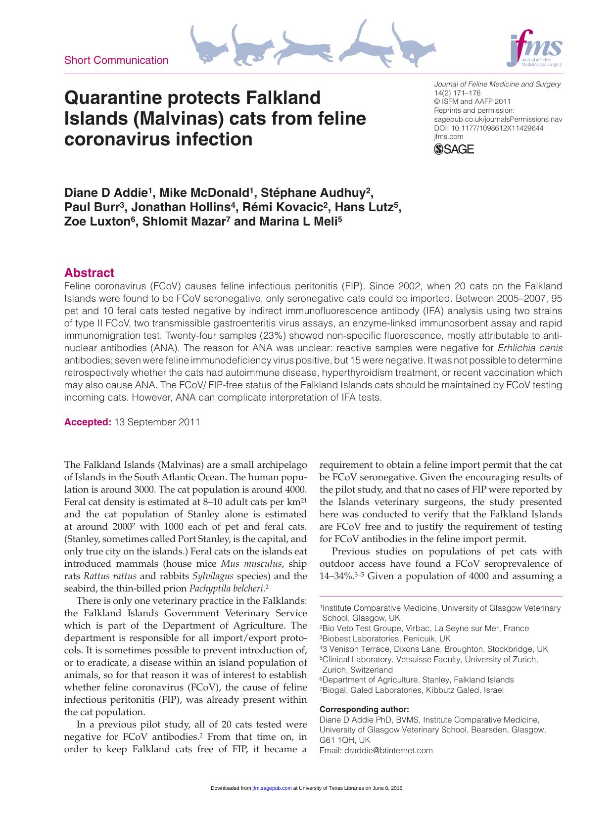 2012 Quarantine protects Falkland Islands (Malvinas) cats from feline coronavirus infection by Unknown