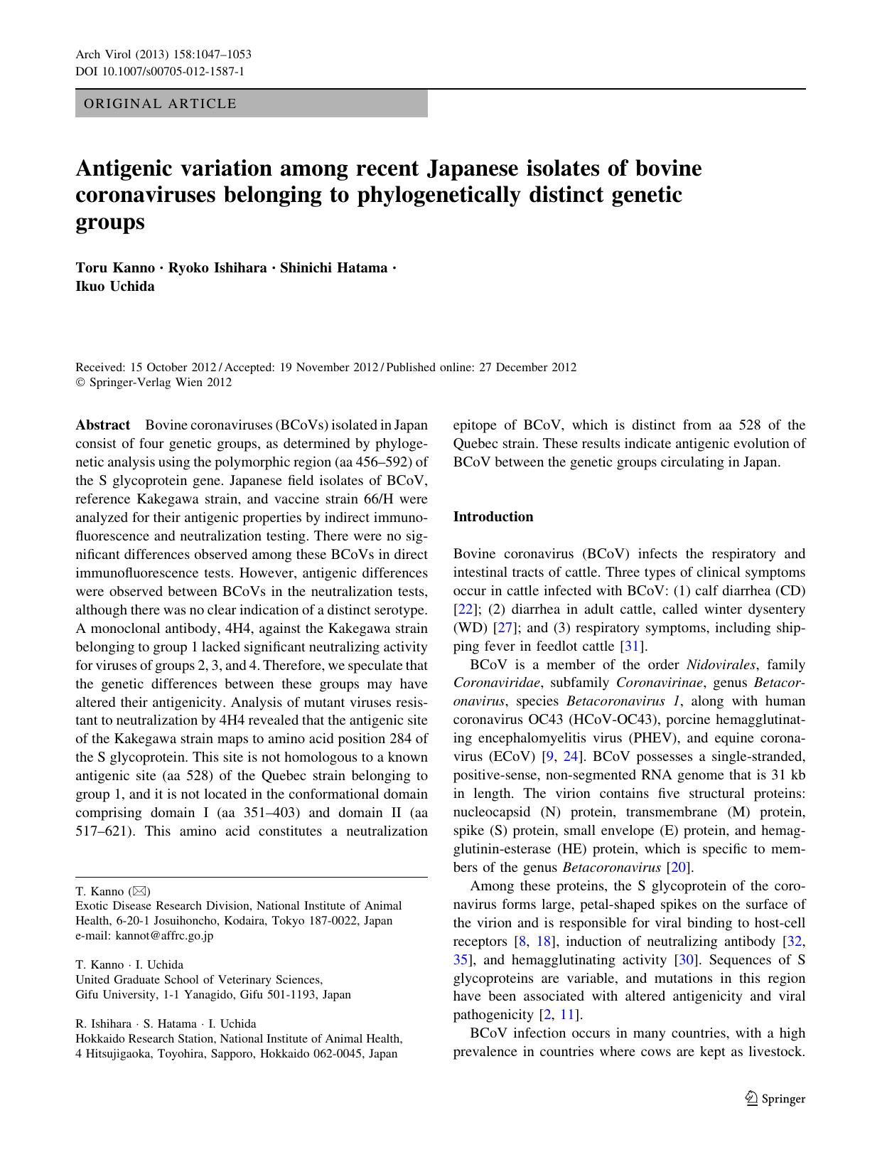 2013 Antigenic variation among recent Japanese isolates of bovine coronaviruses belonging to phylogenetically distinct g by Unknown