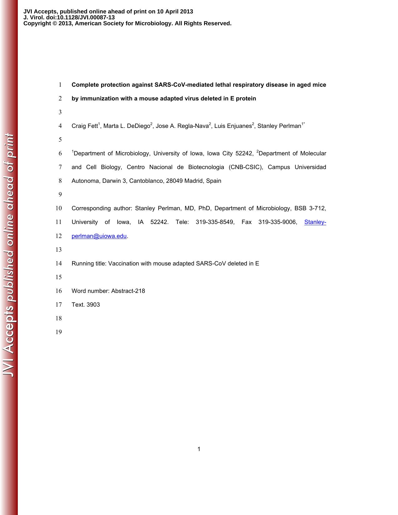 2013 Complete Protection against Severe Acute Respiratory Syndrome Coronavirus-Mediated Lethal Respiratory Disease in Ag by Unknown