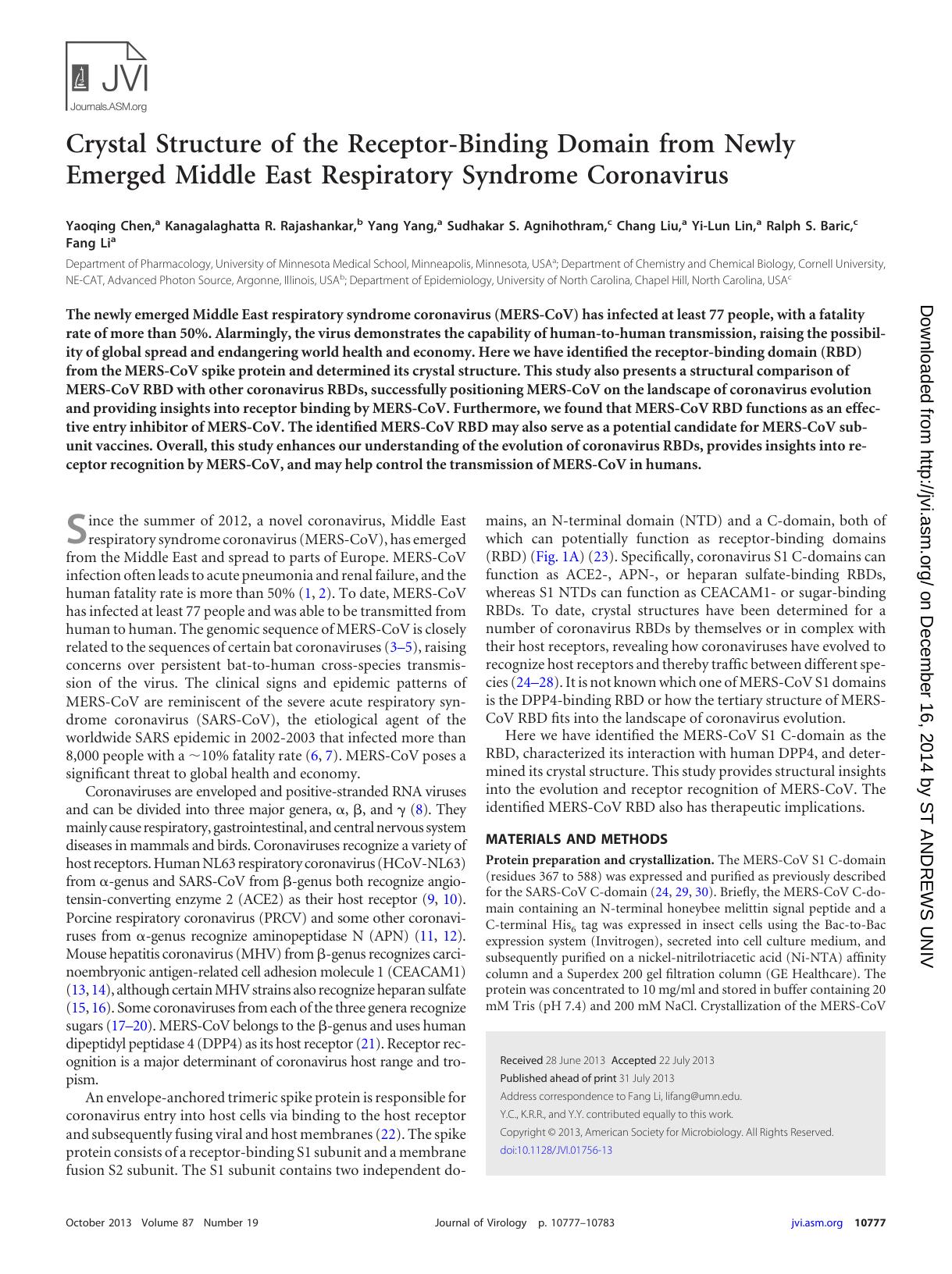 2013 Crystal Structure of the Receptor-Binding Domain from Newly Emerged Middle East Respiratory Syndrome Coronavirus by Unknown