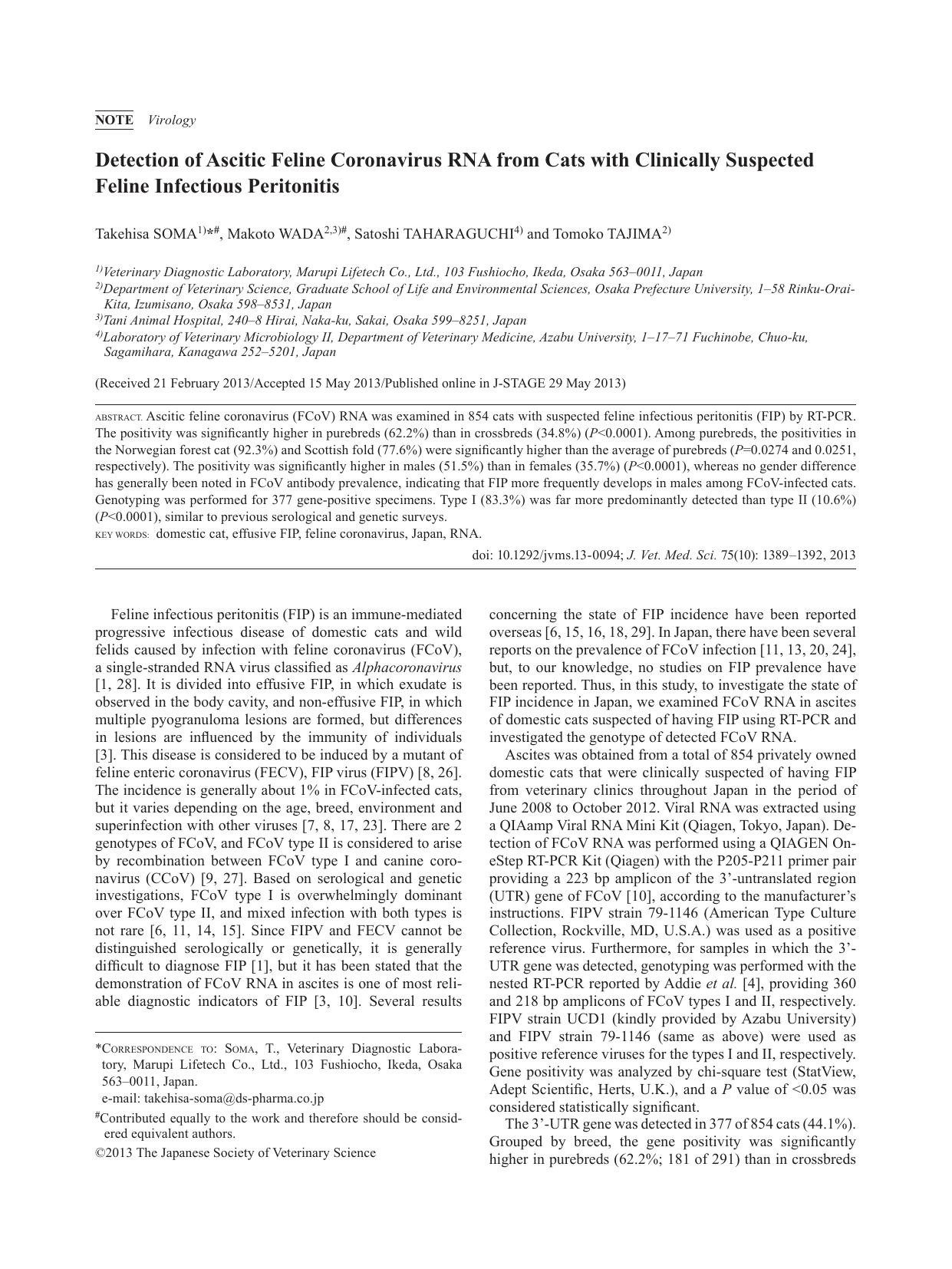 2013 Detection of Ascitic Feline Coronavirus RNA from Cats with Clinically Suspected Feline Infectious Peritonitis by the Japanese Society of Veterinary Science