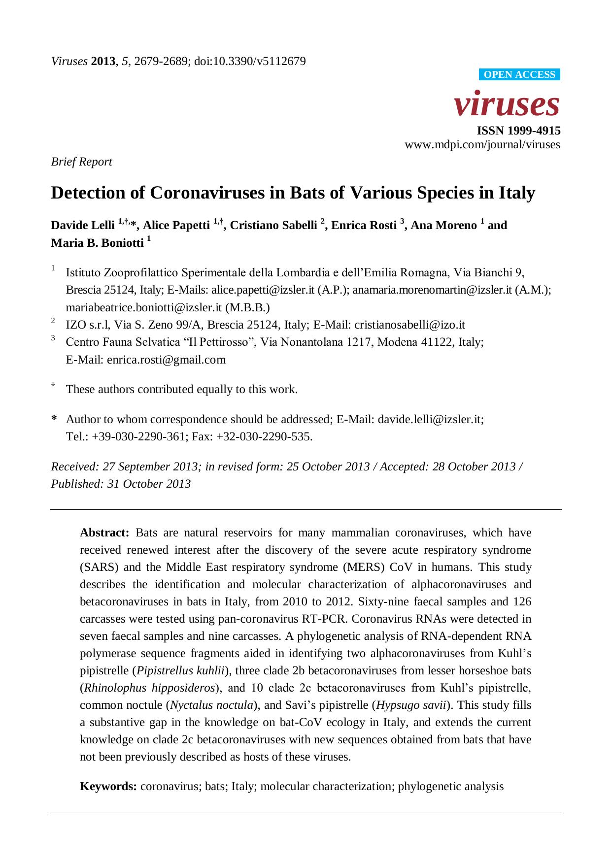 2013 Detection of Coronaviruses in Bats of Various Species in Italy by Unknown