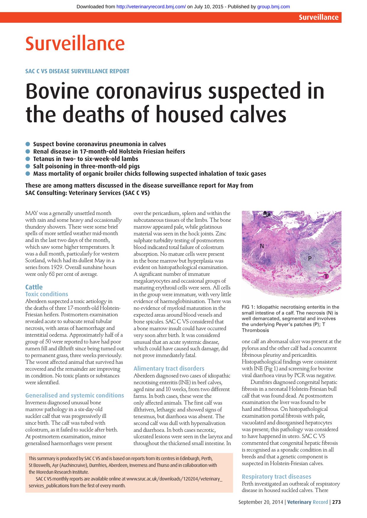 2014 Bovine coronavirus suspected in the deaths of housed calves by Unknown