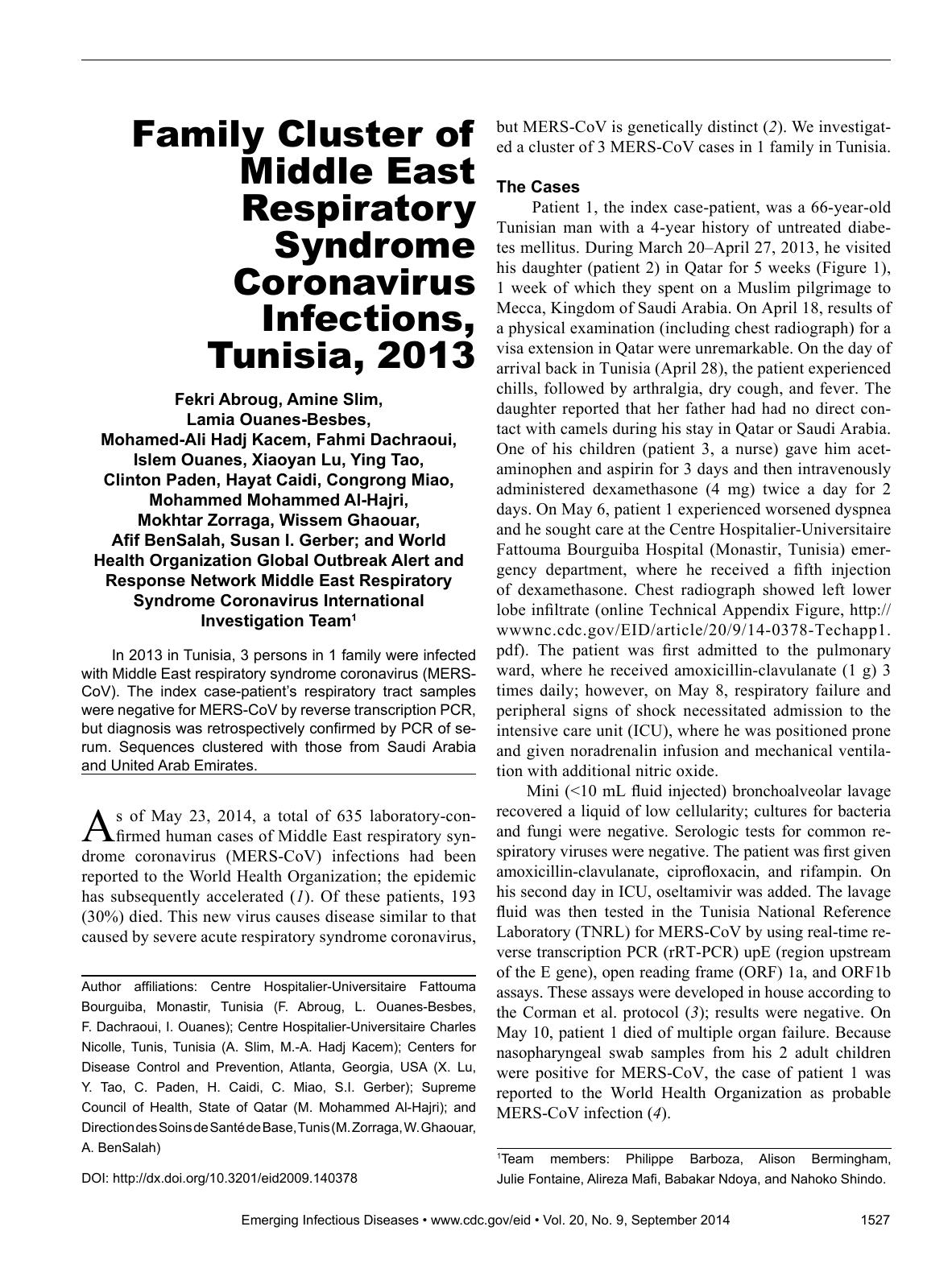 2014 Family Cluster of Middle East Respiratory Syndrome Coronavirus Infections, Tunisia, 2013 by Unknown