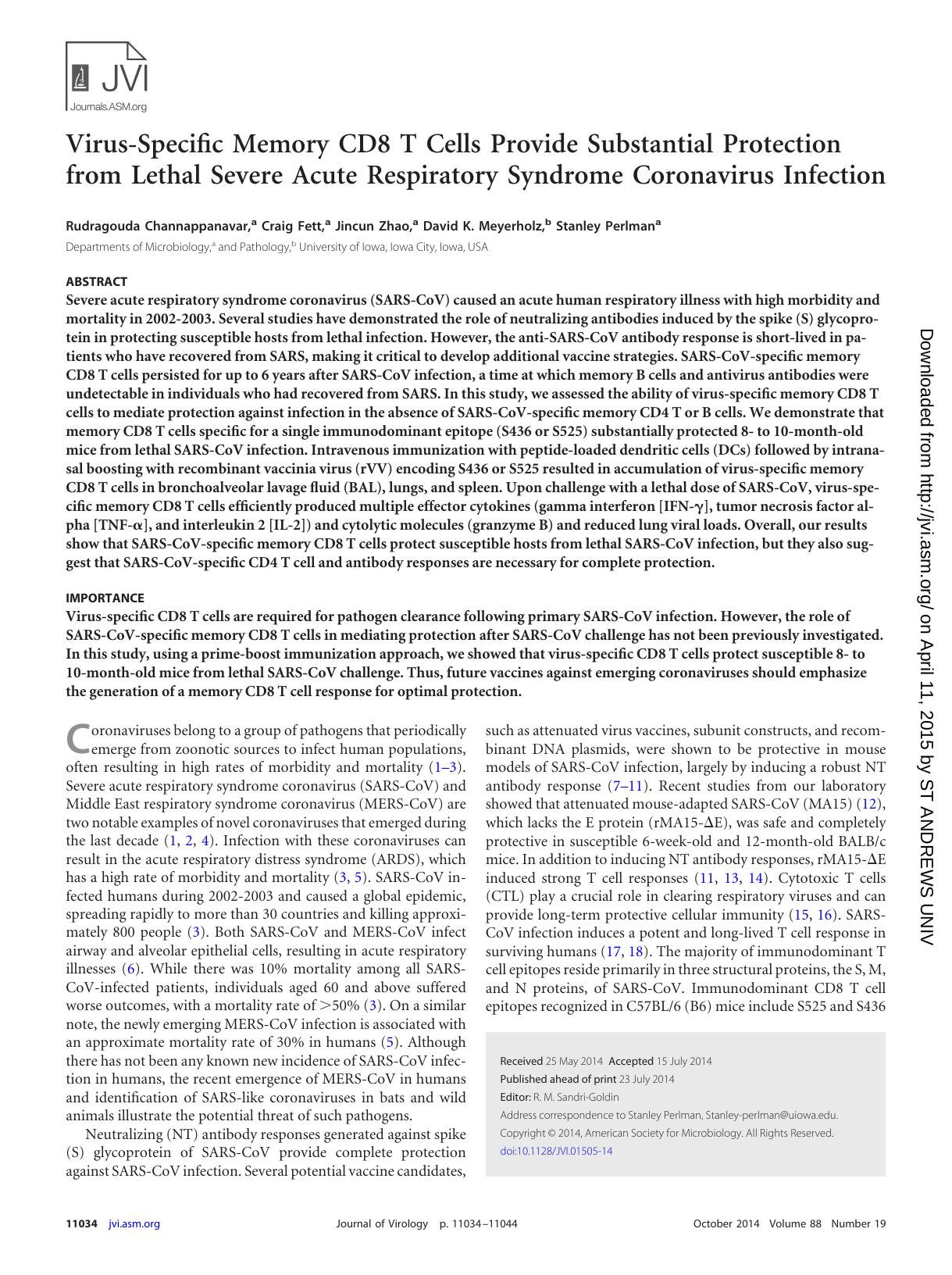 2014 Virus-Specific Memory CD8 T Cells Provide Substantial Protection from Lethal Severe Acute Respiratory Syndrome Coro by Unknown