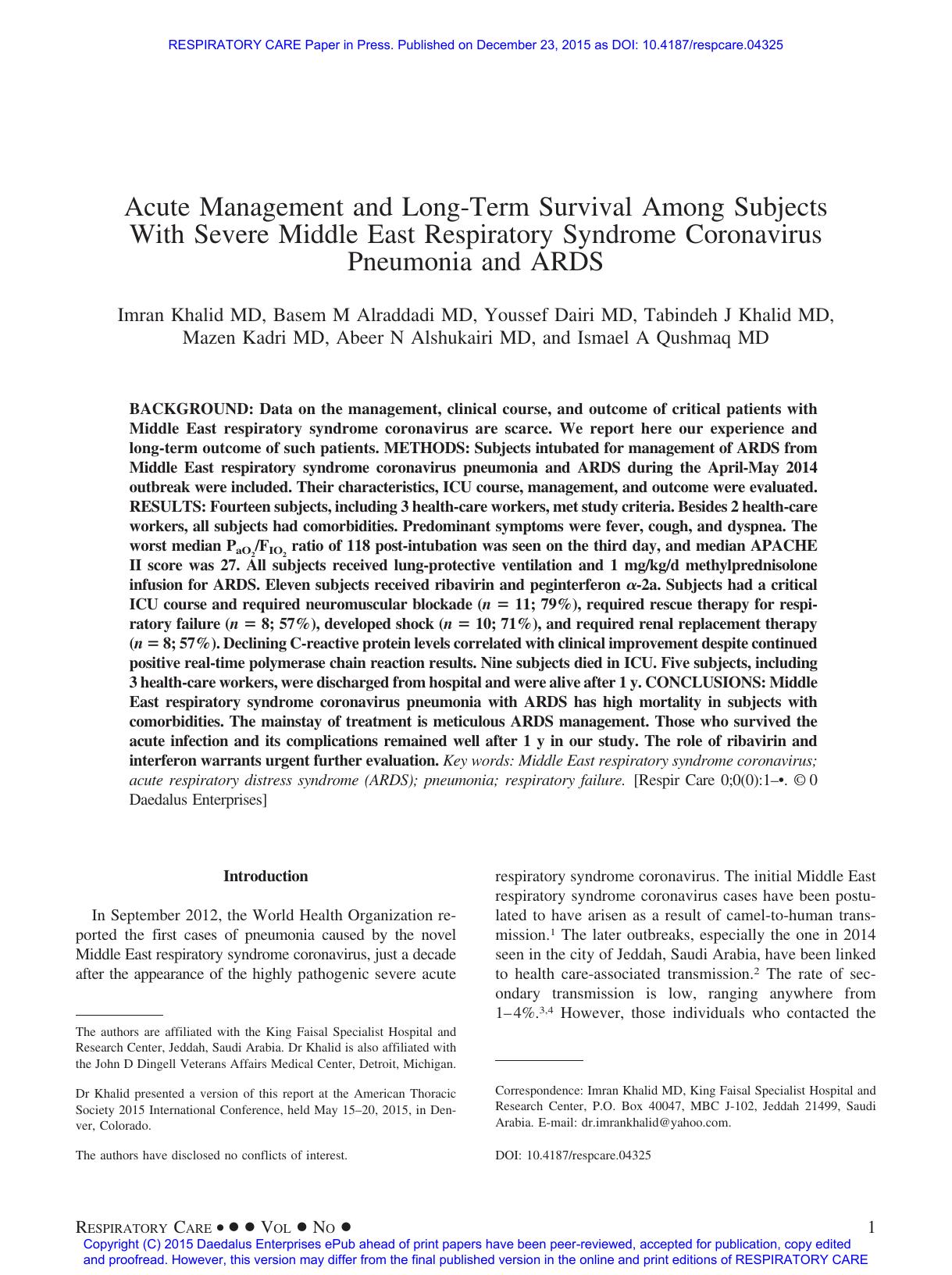 2015 Acute Management and Long-Term Survival Among Subjects With Severe Middle East Respiratory Syndrome Coronavirus Pne by Unknown
