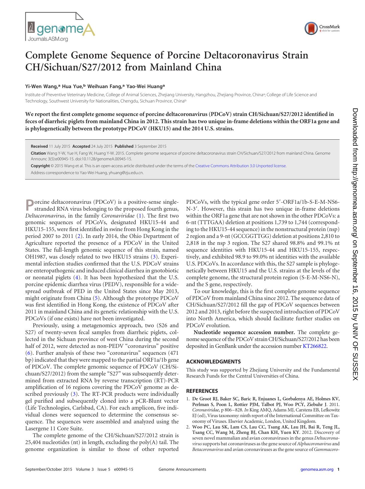 2015 Complete Genome Sequence of Porcine Deltacoronavirus Strain CH Sichuan S27 2012 from Mainland China by Unknown