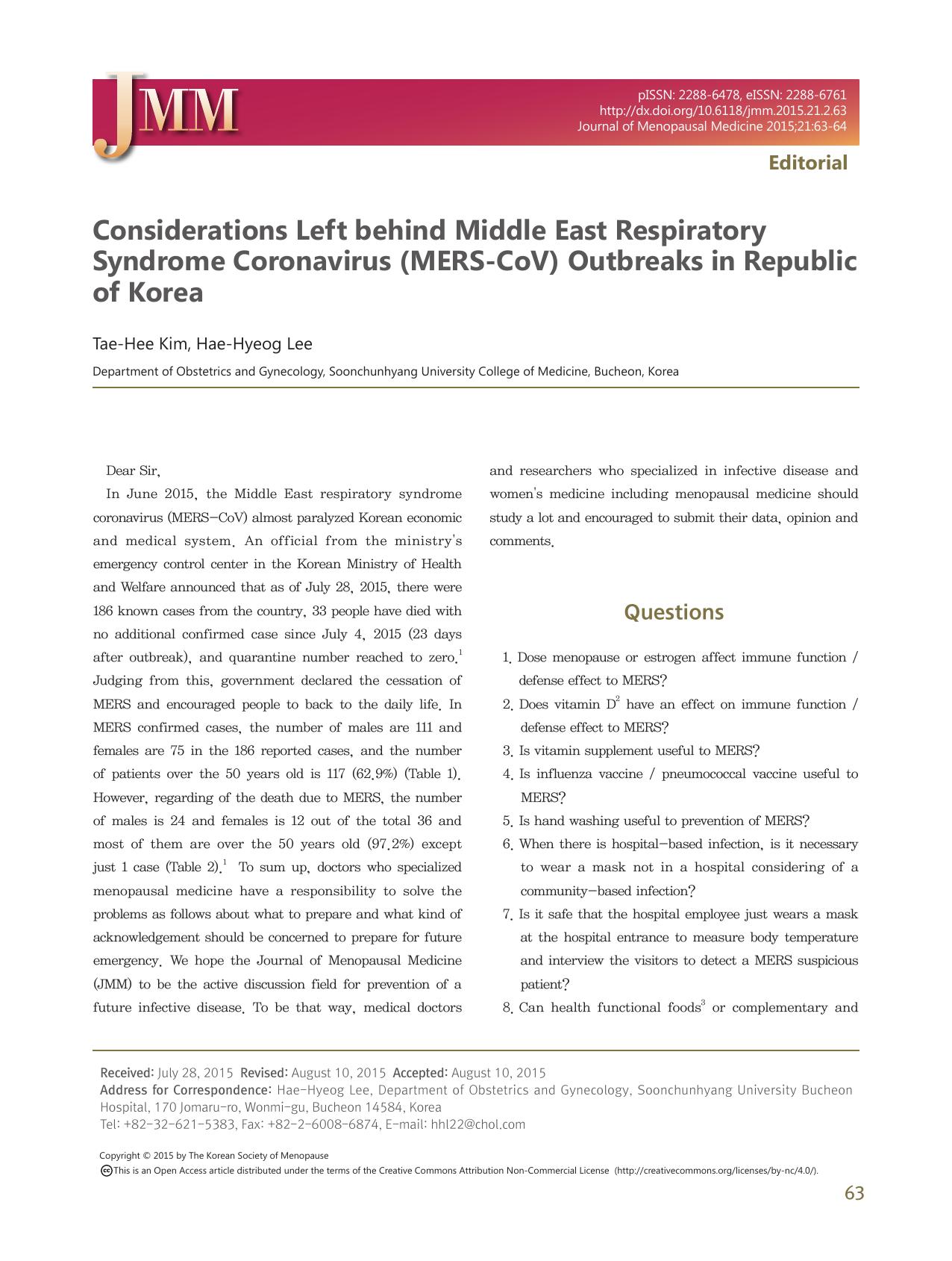 2015 Considerations Left behind Middle East Respiratory Syndrome Coronavirus (MERS-CoV) Outbreaks in Republic of Korea by Unknown