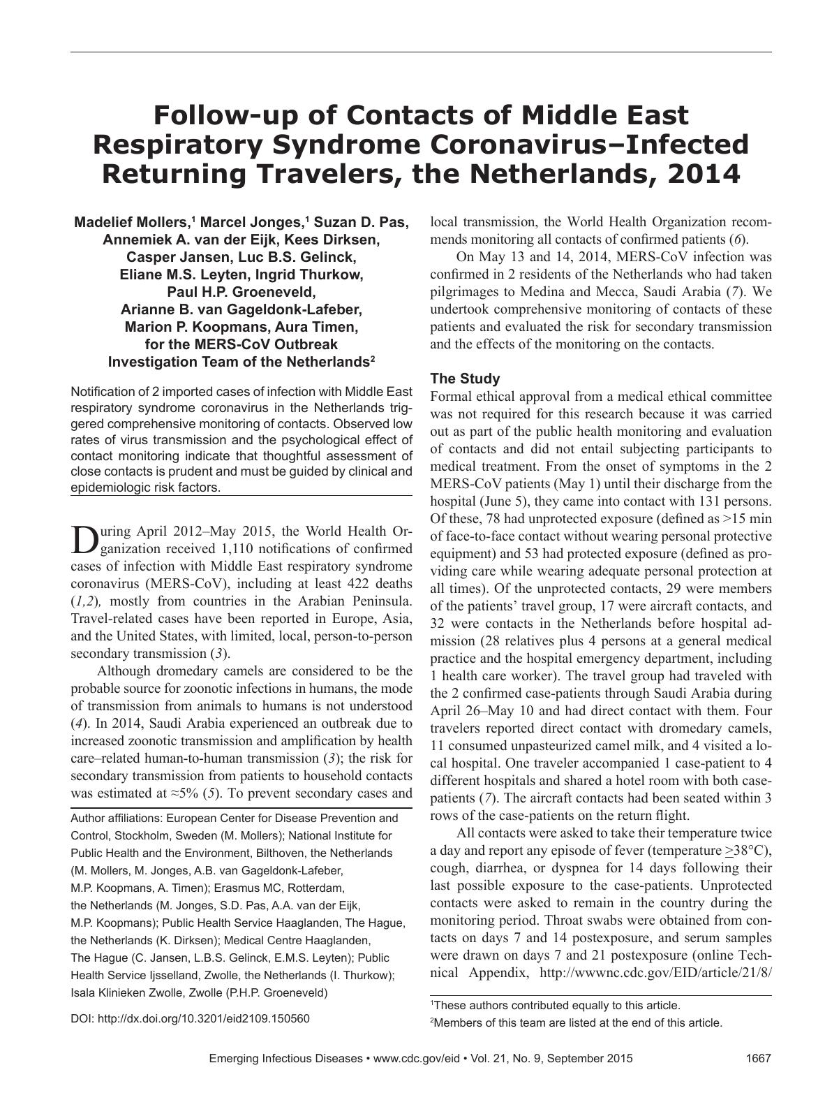 2015 Follow-up of Contacts of Middle East Respiratory Syndrome Coronavirus Infected Returning Travelers, the Netherlands by Unknown