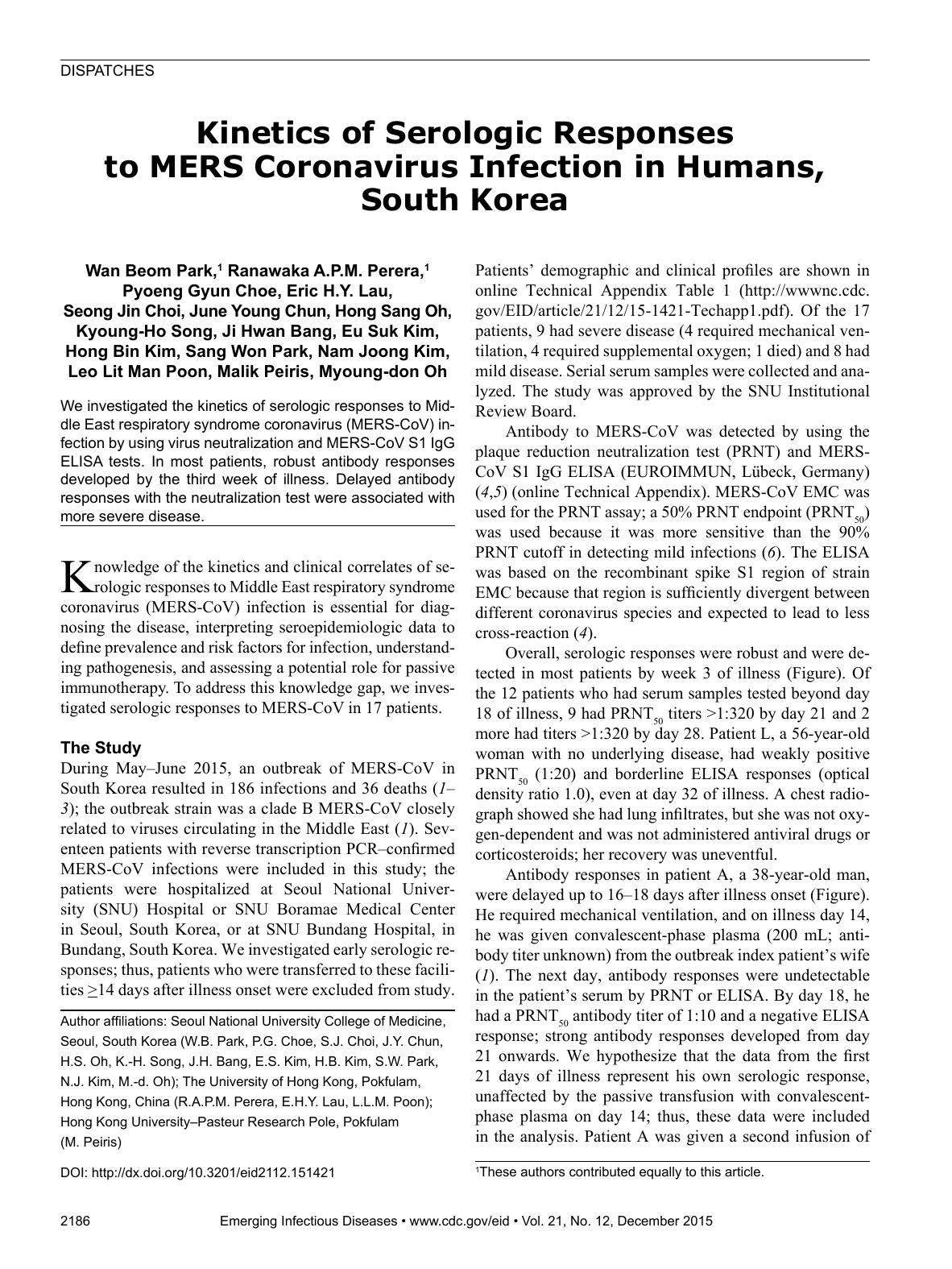 2015 Kinetics of Serologic Responses to MERS Coronavirus Infection in Humans, South Korea by Unknown