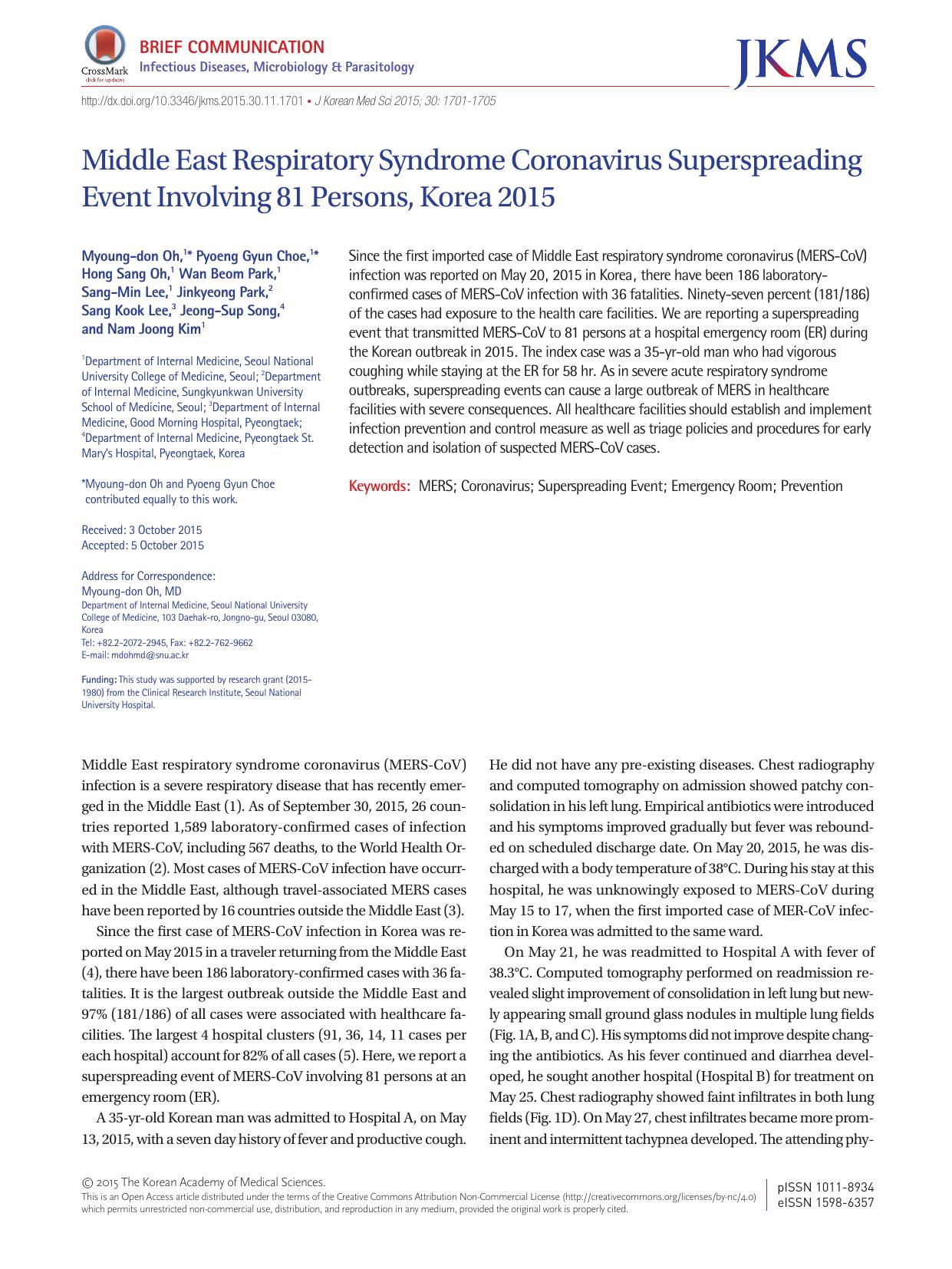 2015 Middle East Respiratory Syndrome Coronavirus Superspreading Event Involving 81 Persons, Korea 2015 by Unknown