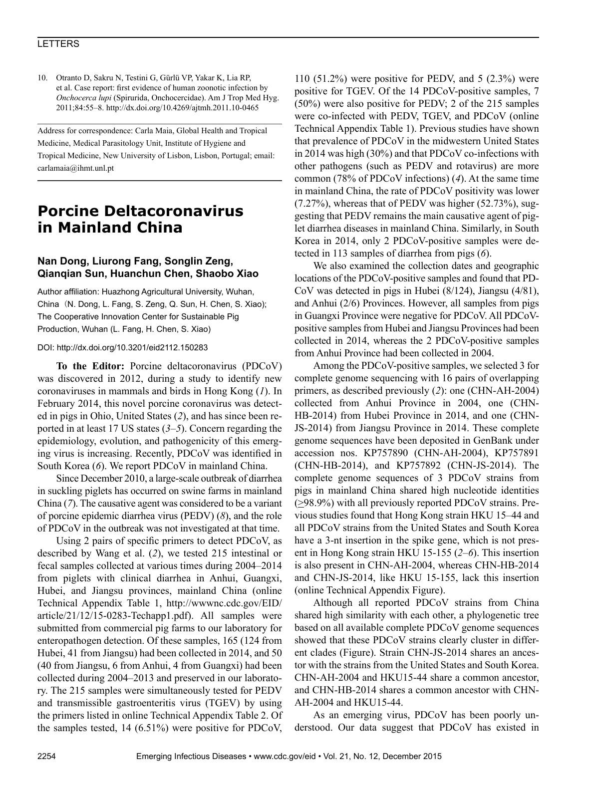 2015 Porcine Deltacoronavirus in Mainland China by Unknown
