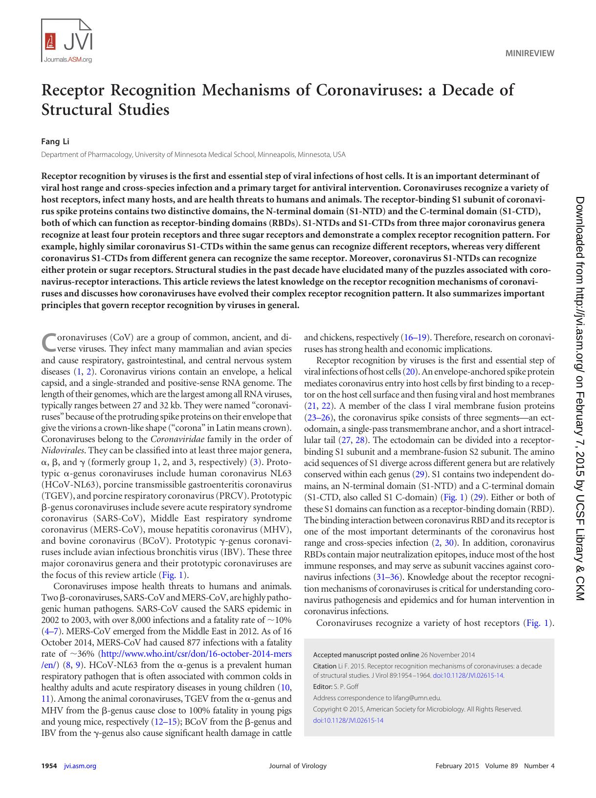 2015 Receptor Recognition Mechanisms of Coronaviruses a Decade of Structural Studies by Unknown