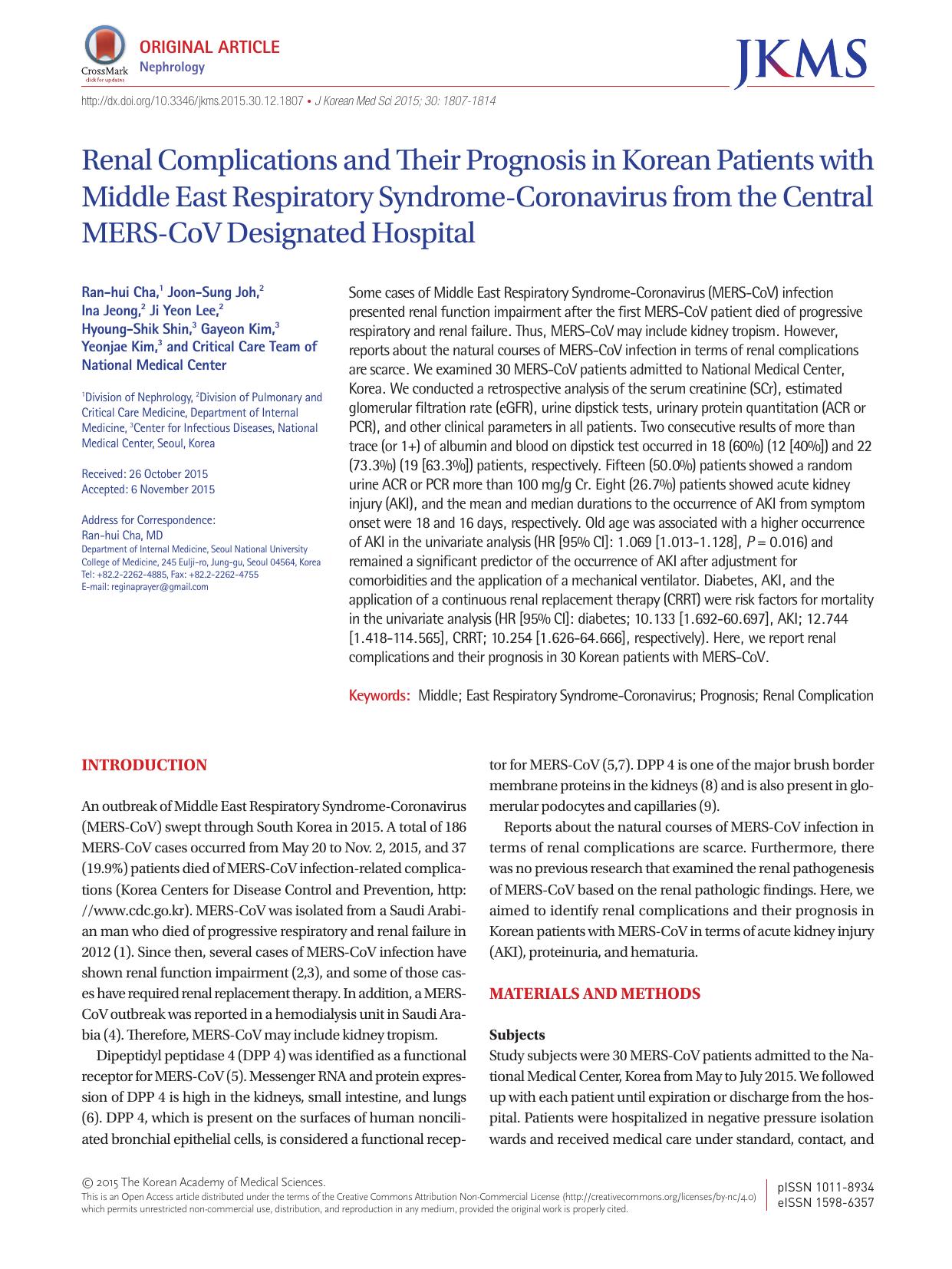 2015 Renal Complications and Their Prognosis in Korean Patients with Middle East Respiratory Syndrome-Coronavirus from t by Unknown