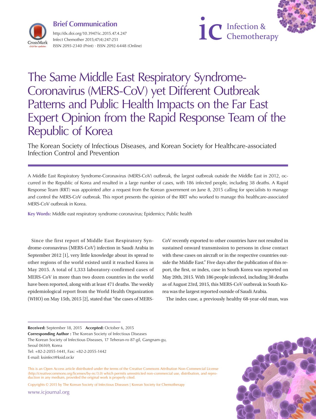 2015 The Same Middle East Respiratory Syndrome-Coronavirus (MERS-CoV) yet Different Outbreak Patterns and Public Health by Unknown