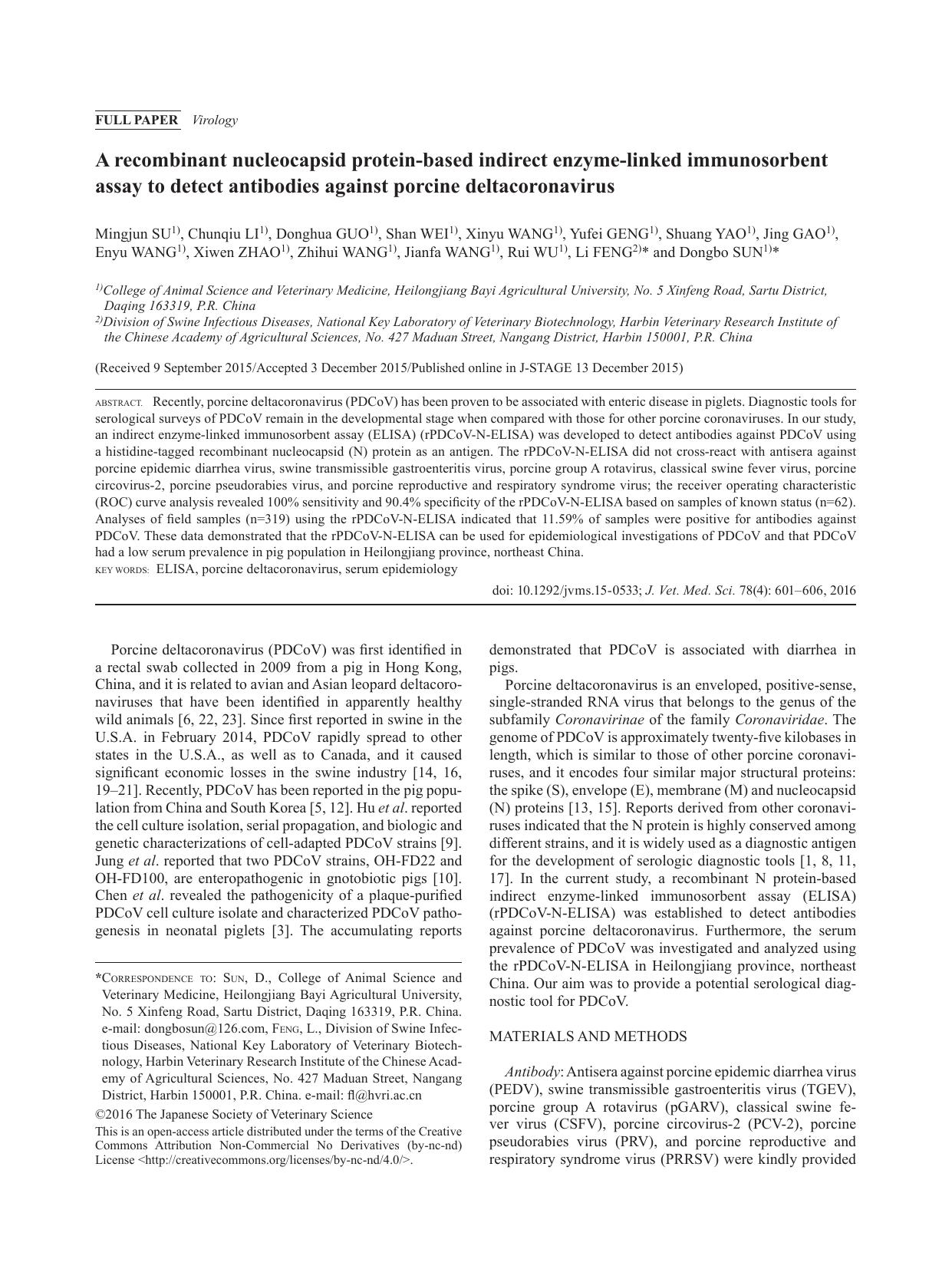 2016 A recombinant nucleocapsid protein-based indirect enzyme-linked immunosorbent assay to detect antibodies against po by the Japanese Society of Veterinary Science