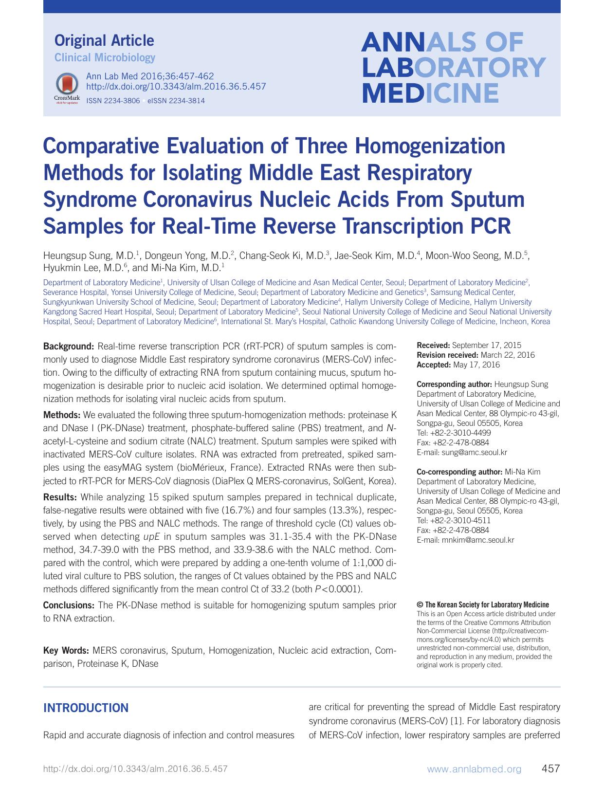 2016 Comparative Evaluation of Three Homogenization Methods for Isolating Middle East Respiratory Syndrome Coronavirus N by Unknown
