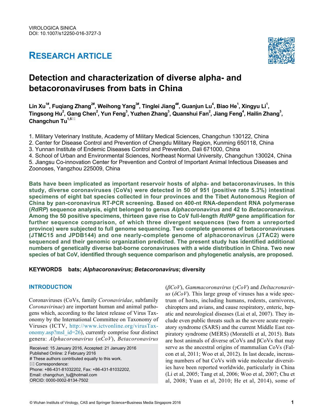 2016 Detection and characterization of diverse alpha- and betacoronaviruses from bats in China by Unknown