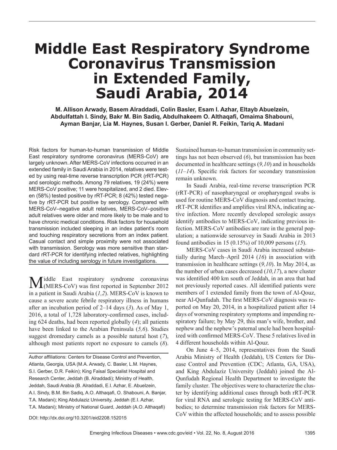 2016 Middle East Respiratory Syndrome Coronavirus Transmission in Extended Family, Saudi Arabia, 2014 by Unknown