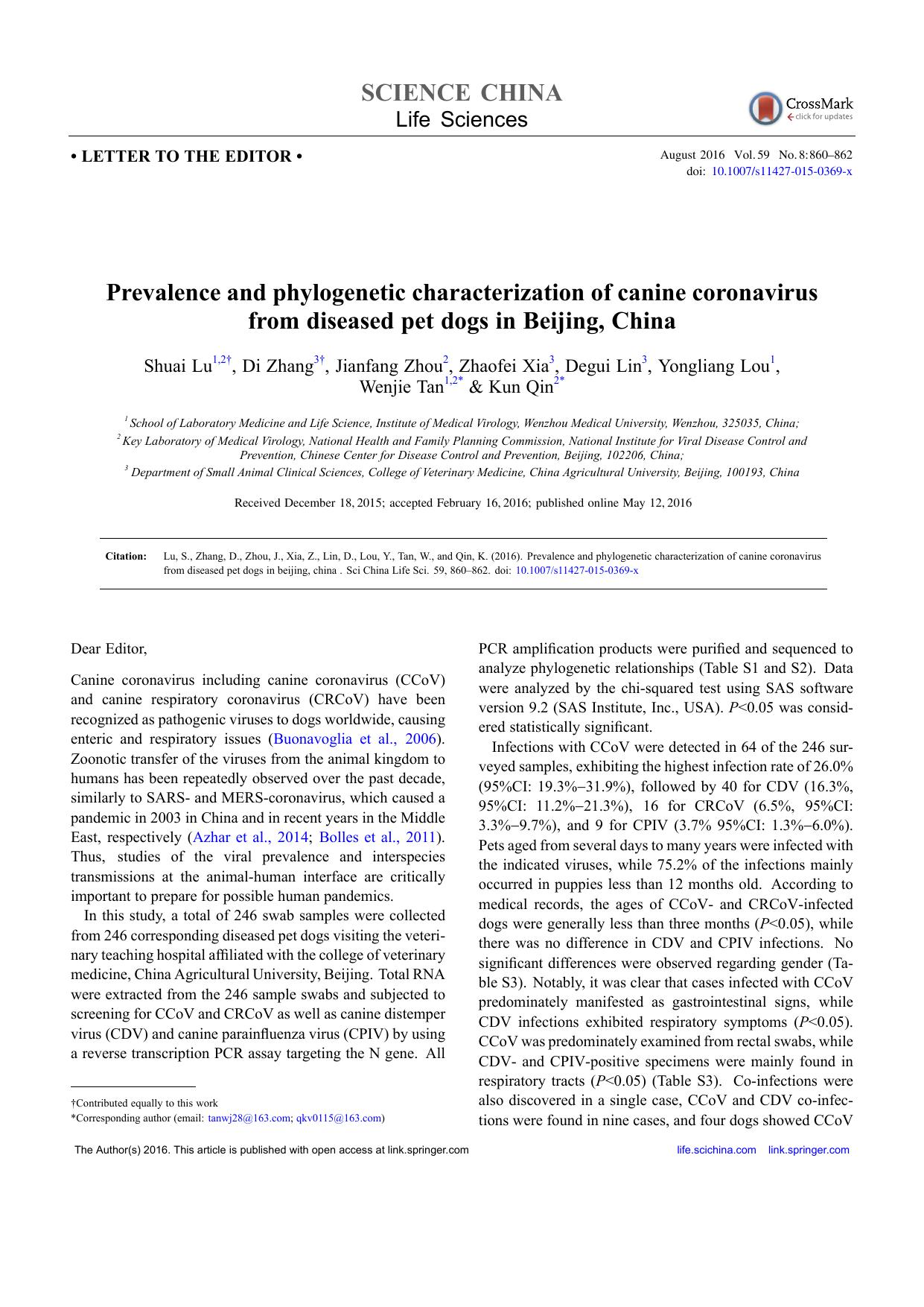 2016 Prevalence and phylogenetic characterization of canine coronavirus from diseased pet dogs in Beijing, China by Unknown