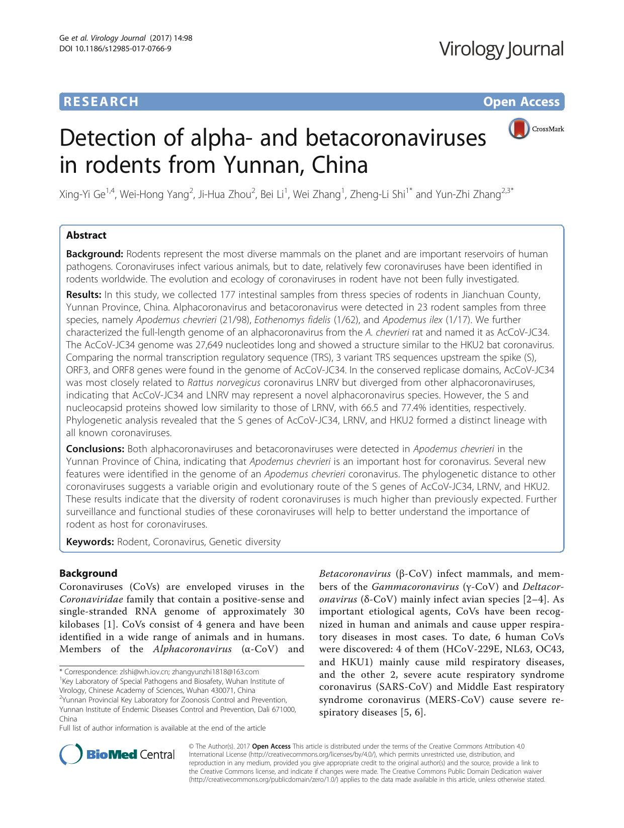 2017 Detection of alpha- and betacoronaviruses in rodents from Yunnan, China by Unknown