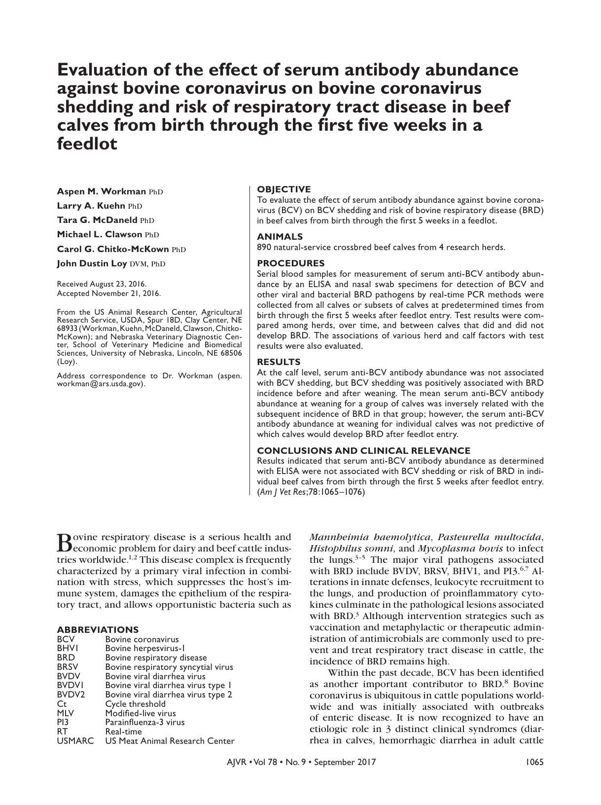 2017 Evaluation of the effect of serum antibody abundance against bovine coronavirus on bovine coronavirus shedding and by Unknown