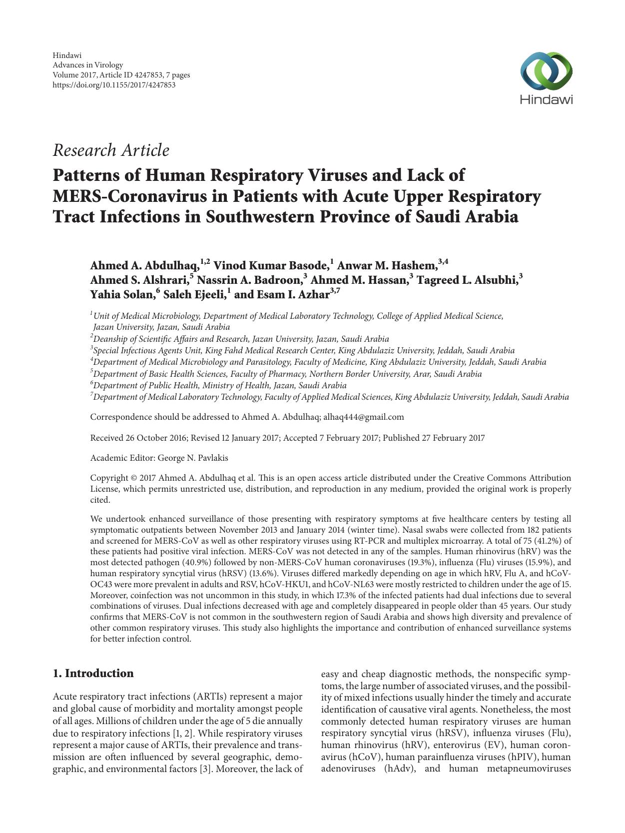 2017 Patterns of Human Respiratory Viruses and Lack of MERS-Coronavirus in Patients with Acute Upper Respiratory Tract I by Unknown