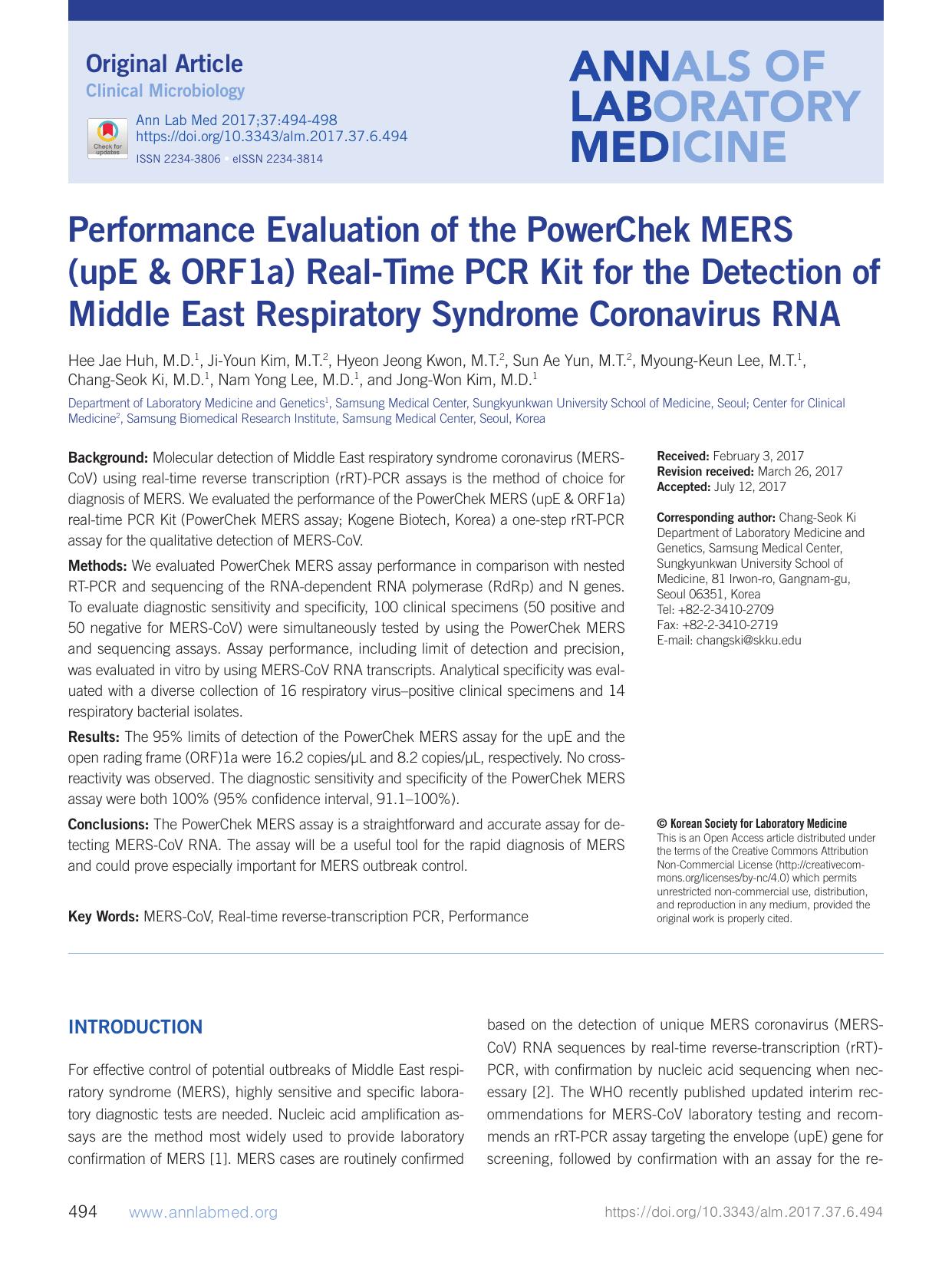 2017 Performance Evaluation of the PowerChek MERS (upE ORF1a) Real-Time PCR Kit for the Detection of Middle East Respi by Unknown
