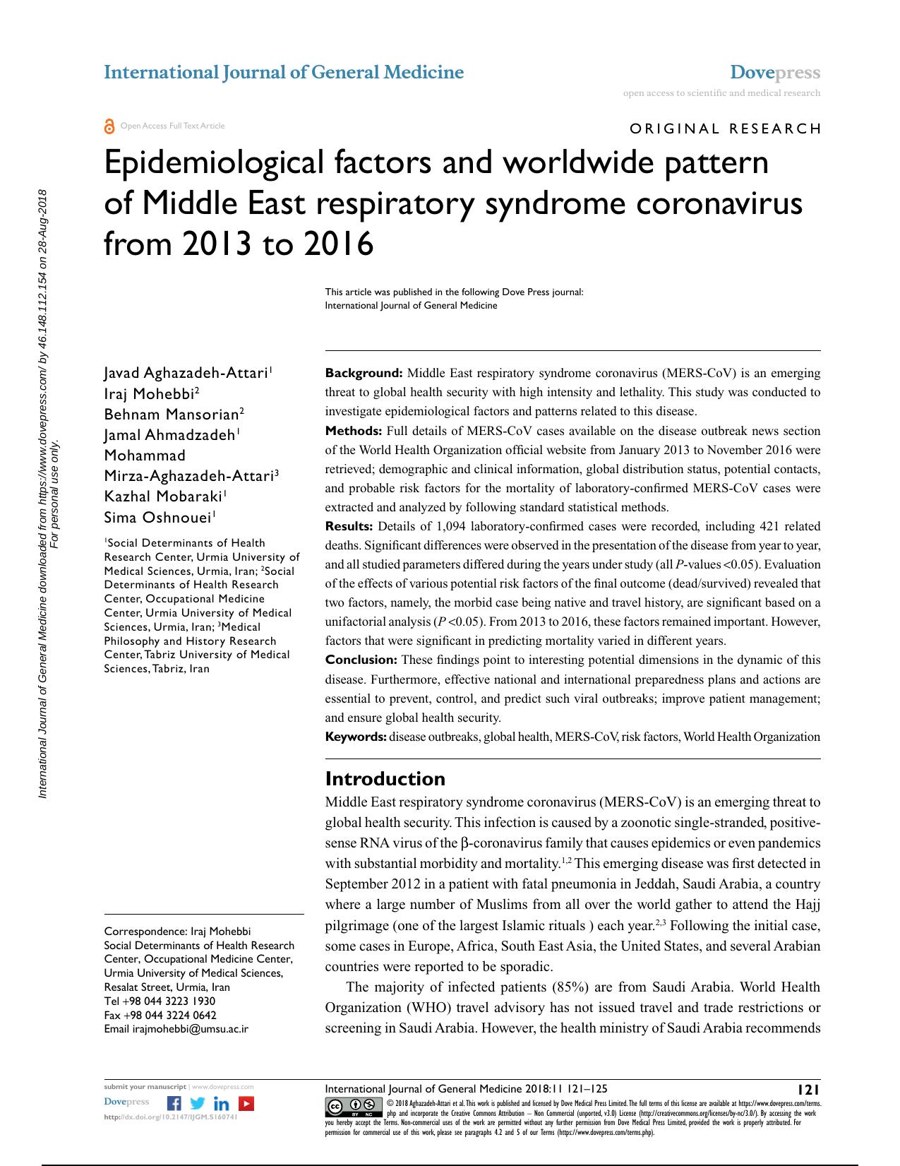 2018 Epidemiological factors and worldwide pattern of Middle East respiratory syndrome coronavirus from 2013 to 2016 by Unknown