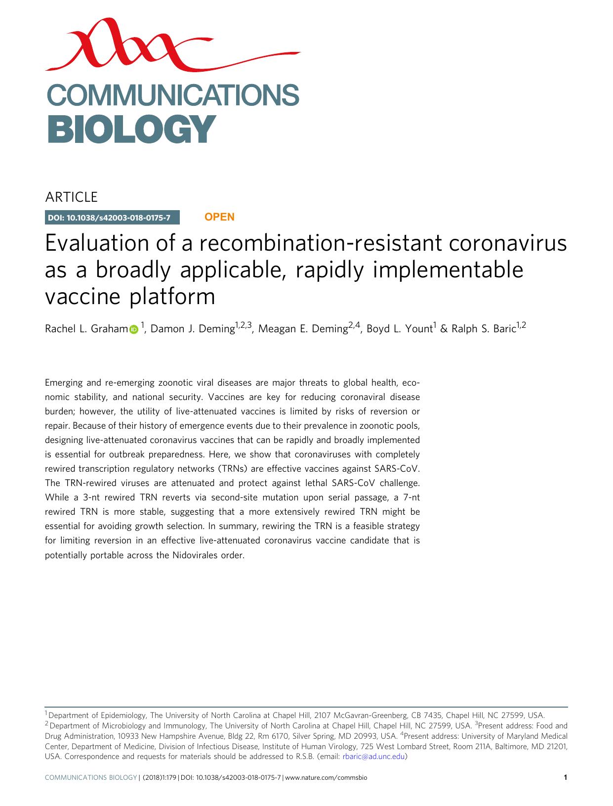 2018 Evaluation of a recombination-resistant coronavirus as a broadly applicable, rapidly implementable vaccine platform by Unknown