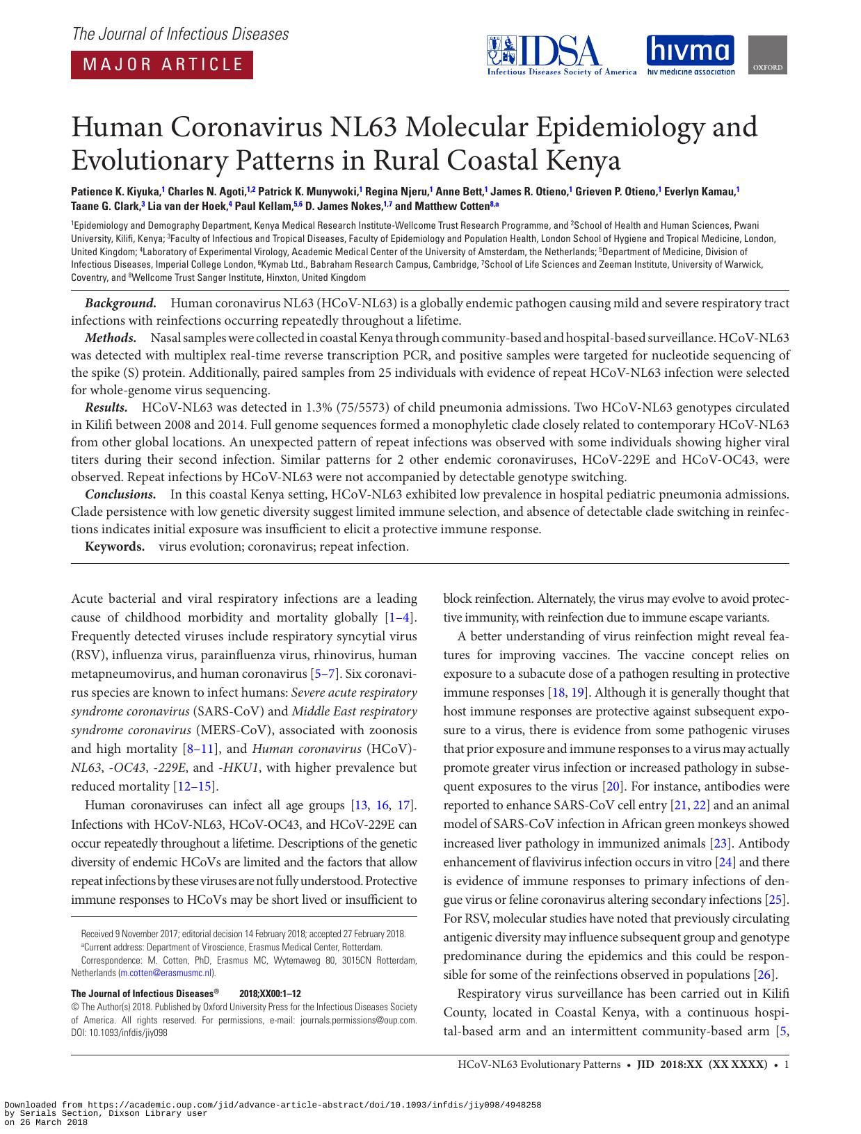 2018 Human Coronavirus NL63 Molecular Epidemiology and Evolutionary Patterns in Rural Coastal Kenya by Unknown