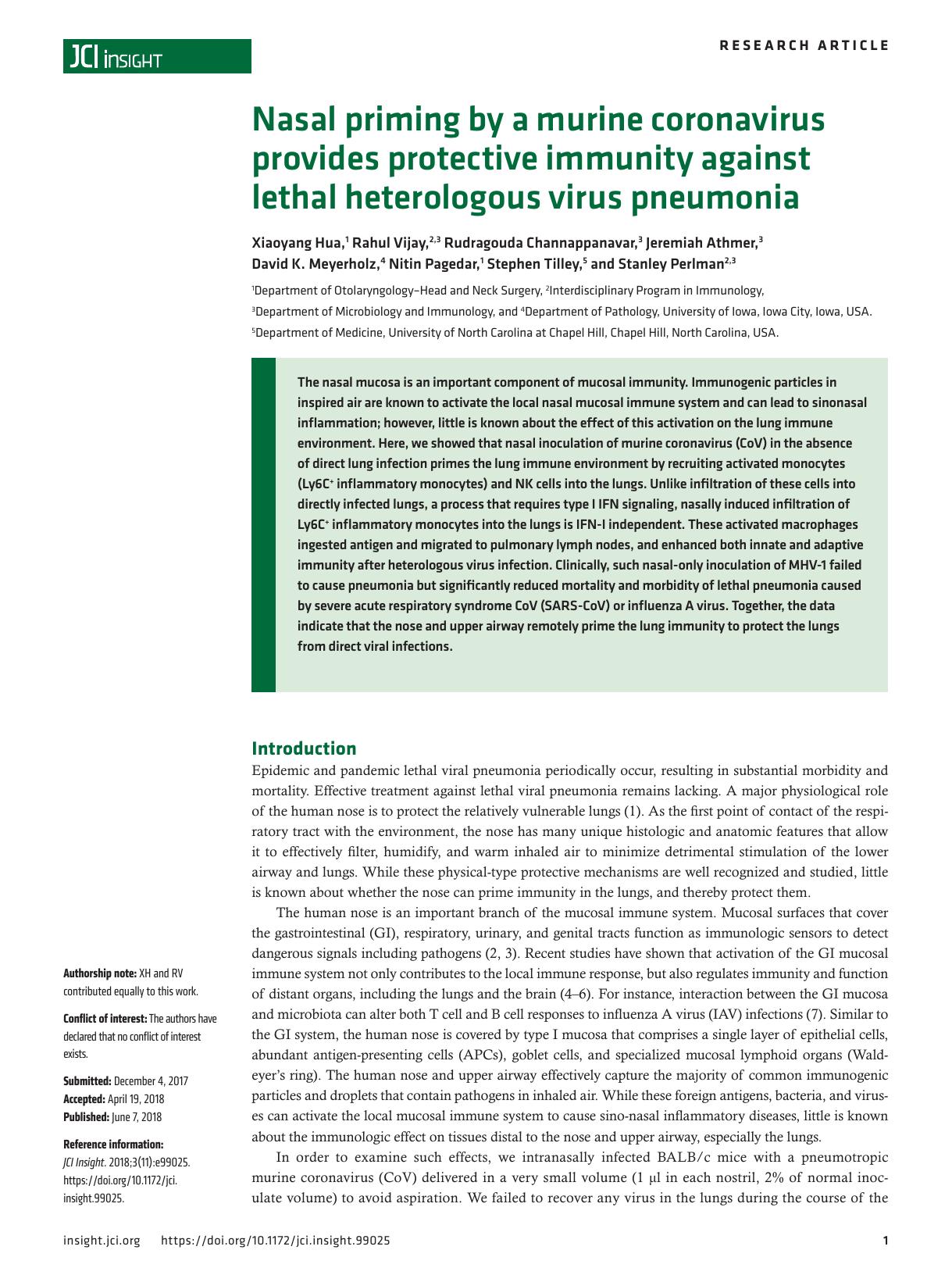 2018 Nasal priming by a murine coronavirus provides protective immunity against lethal heterologous virus pneumonia by Unknown