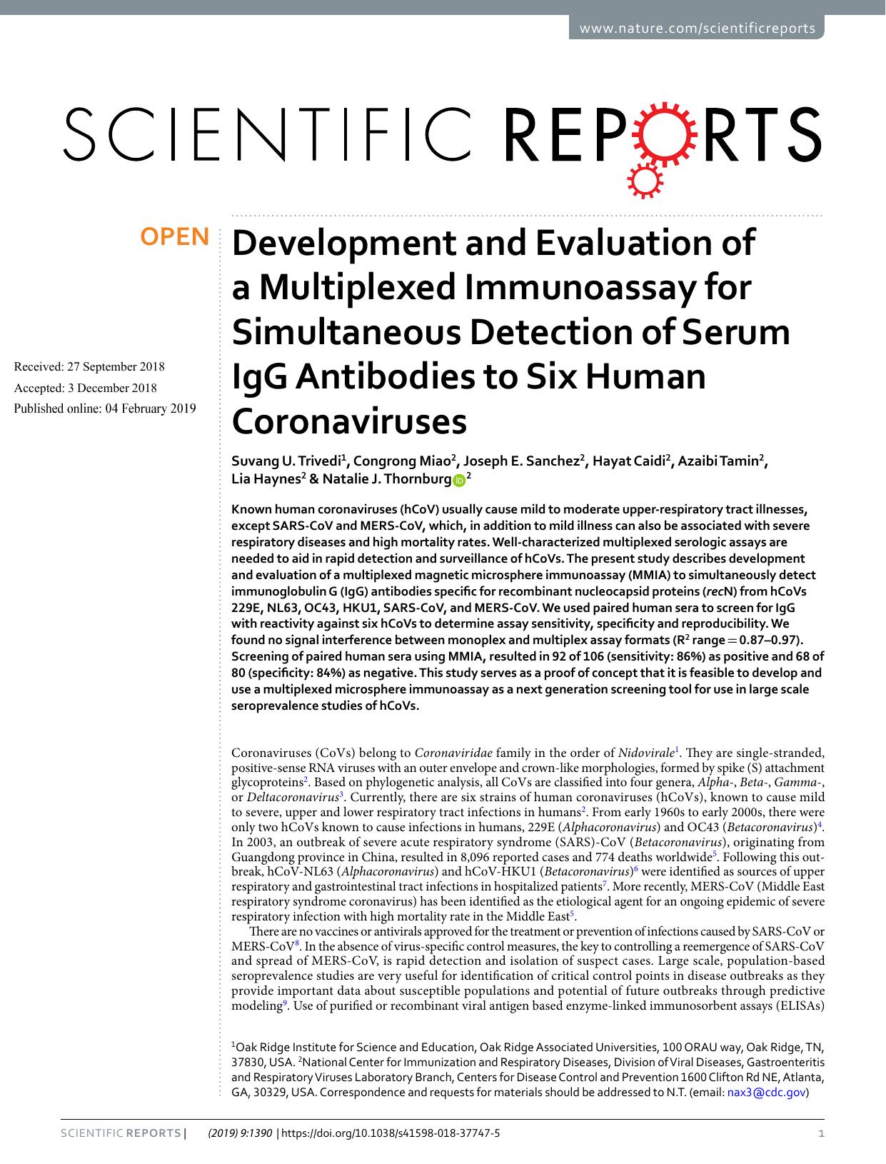 2019 Development and Evaluation of a Multiplexed Immunoassay for Simultaneous Detection of Serum IgG Antibodies to Six H by Unknown