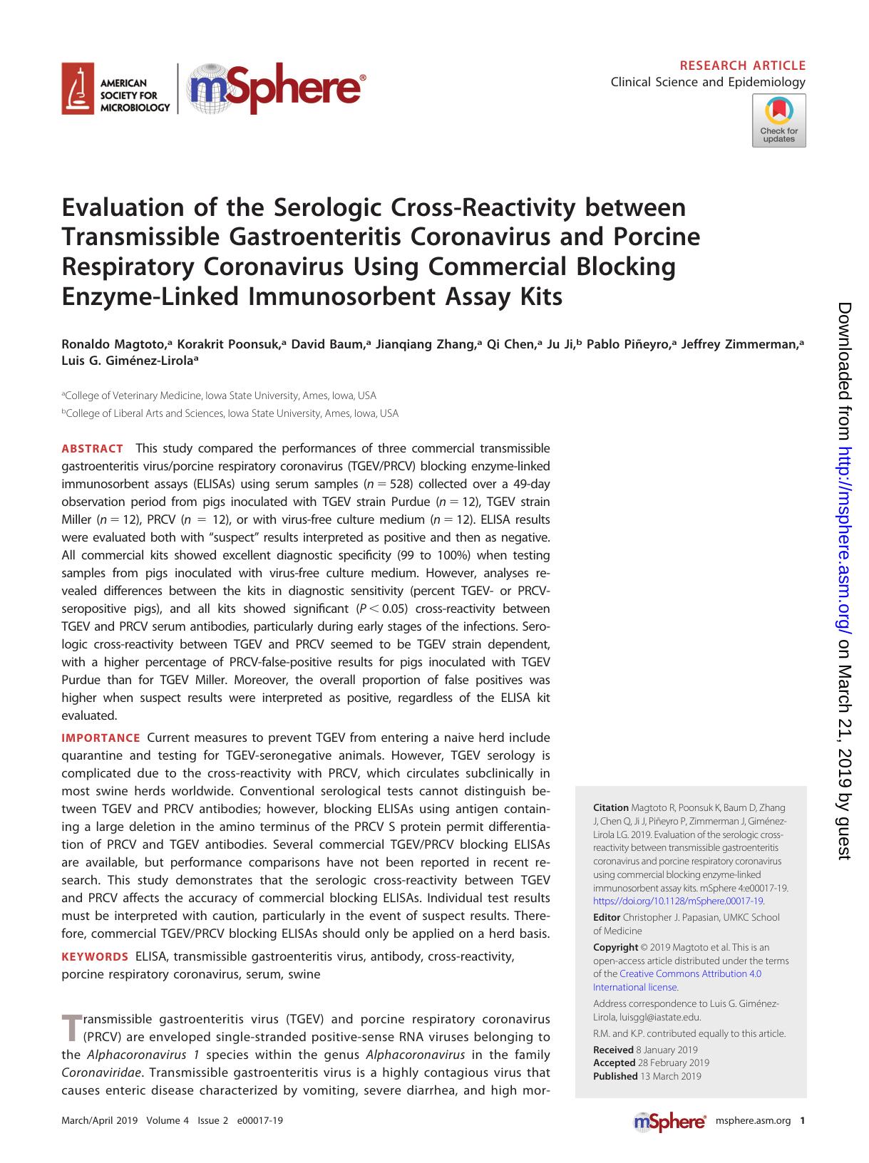 2019 Evaluation of the Serologic Cross-Reactivity between Transmissible Gastroenteritis Coronavirus and Porcine Respirat by Unknown