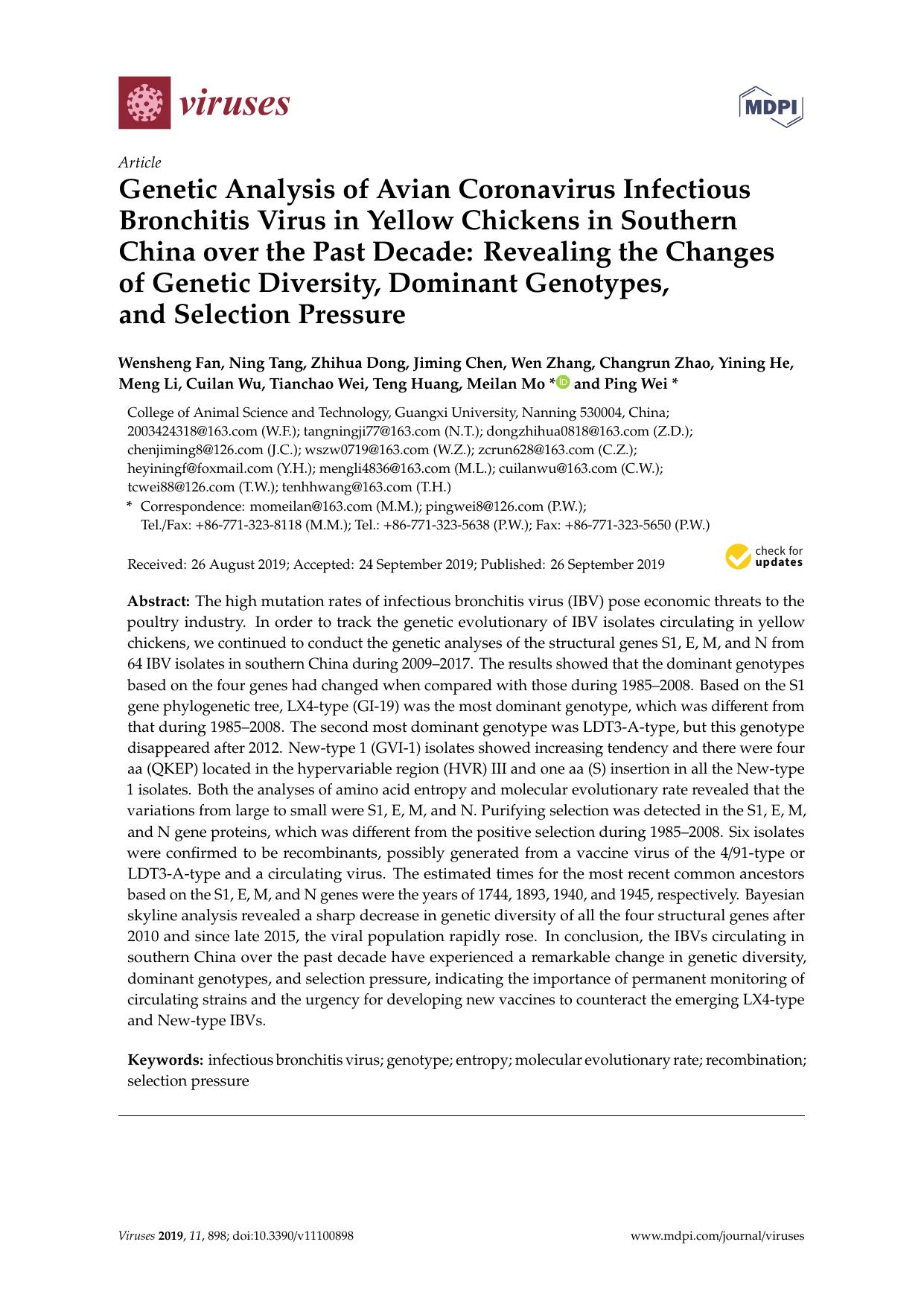 2019 Genetic Analysis of Avian Coronavirus Infectious Bronchitis Virus in Yellow Chickens in Southern China over the Pas by Unknown