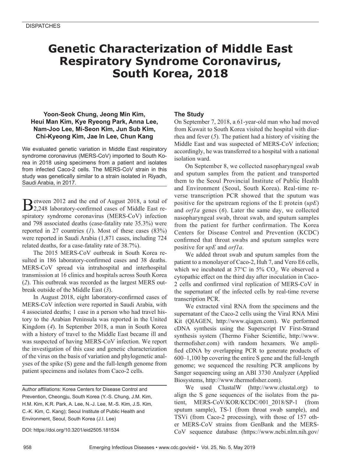 2019 Genetic Characterization of Middle East Respiratory Syndrome Coronavirus, South Korea, 2018 by Unknown