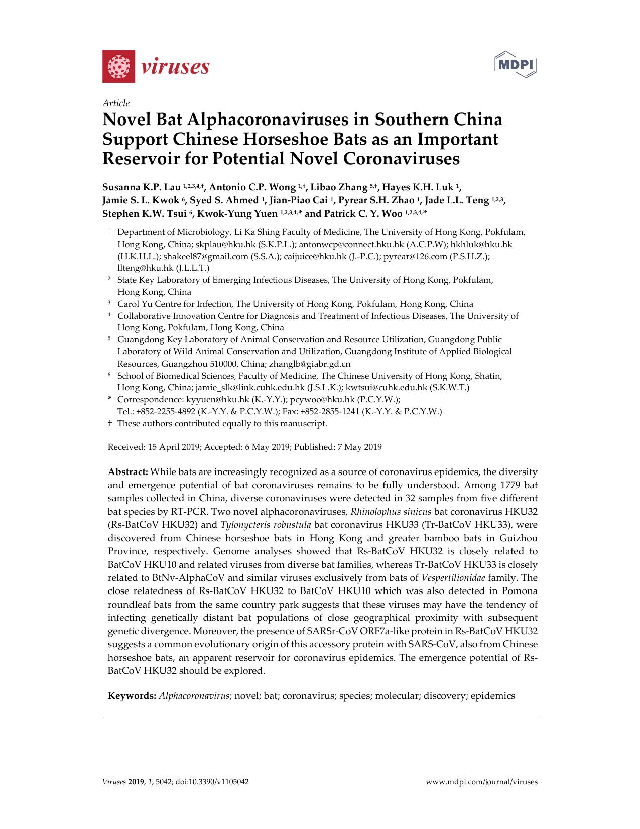 2019 Novel Bat Alphacoronaviruses in Southern China Support Chinese Horseshoe Bats as an Important Reservoir for Potenti by Unknown