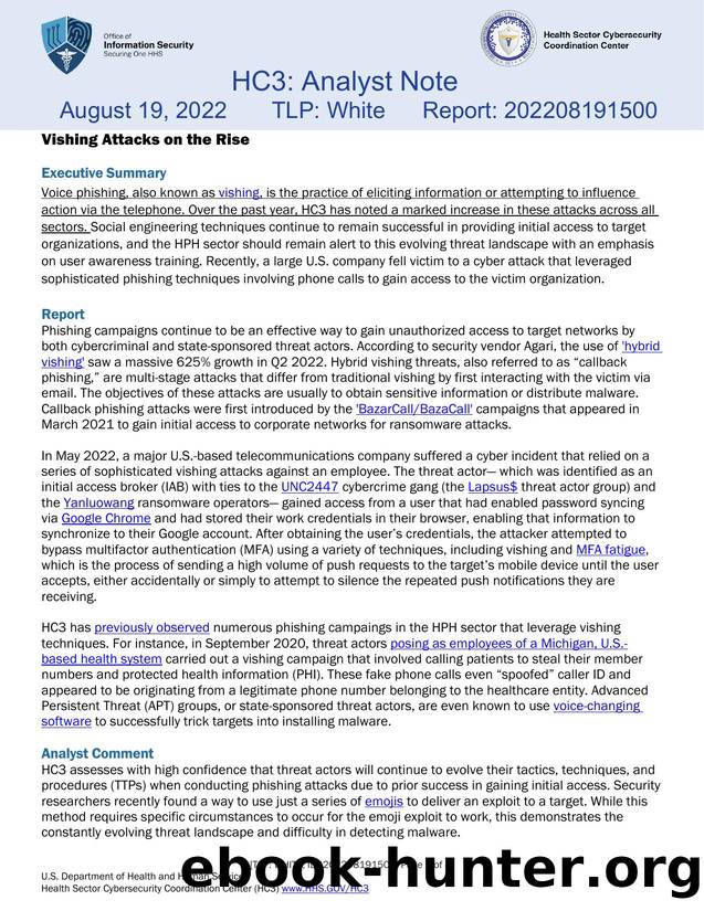 202208191500_Vishing Attacks on the HPH Sector Analyst Note_TLPWHITE by HC3