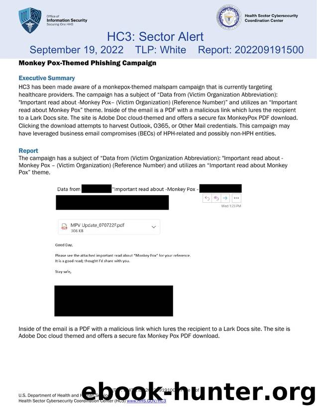 202209191500_Monkey Pox Themed Phishing Campaign Sector Alert_TLP WHITE by HC3