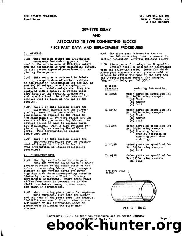 209-Type Relay and Associated 18-Type Connecting Blocks Piece-Part Data and Replacement Procedures by AT&&T