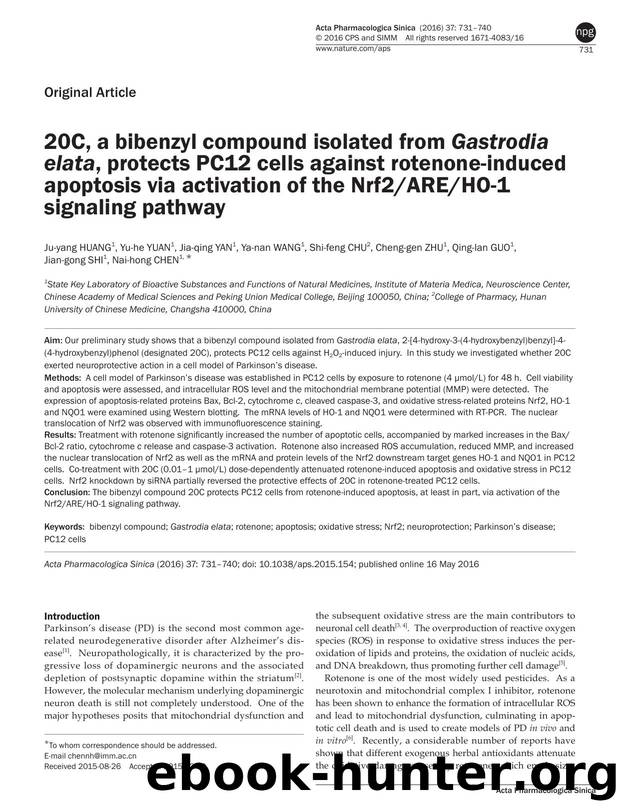 20C, a bibenzyl compound isolated from Gastrodia elata, protects PC12 cells against rotenone-induced apoptosis via activation of the Nrf2AREHO-1 signaling pathway by unknow