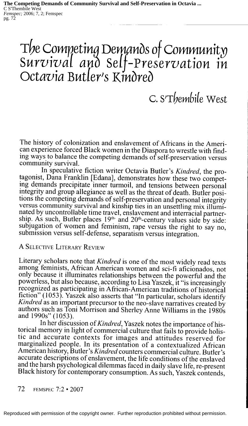 23. The Competing Demands of Community Survival and Self-Preservation in Octavia Butler's Kindred by Unknown