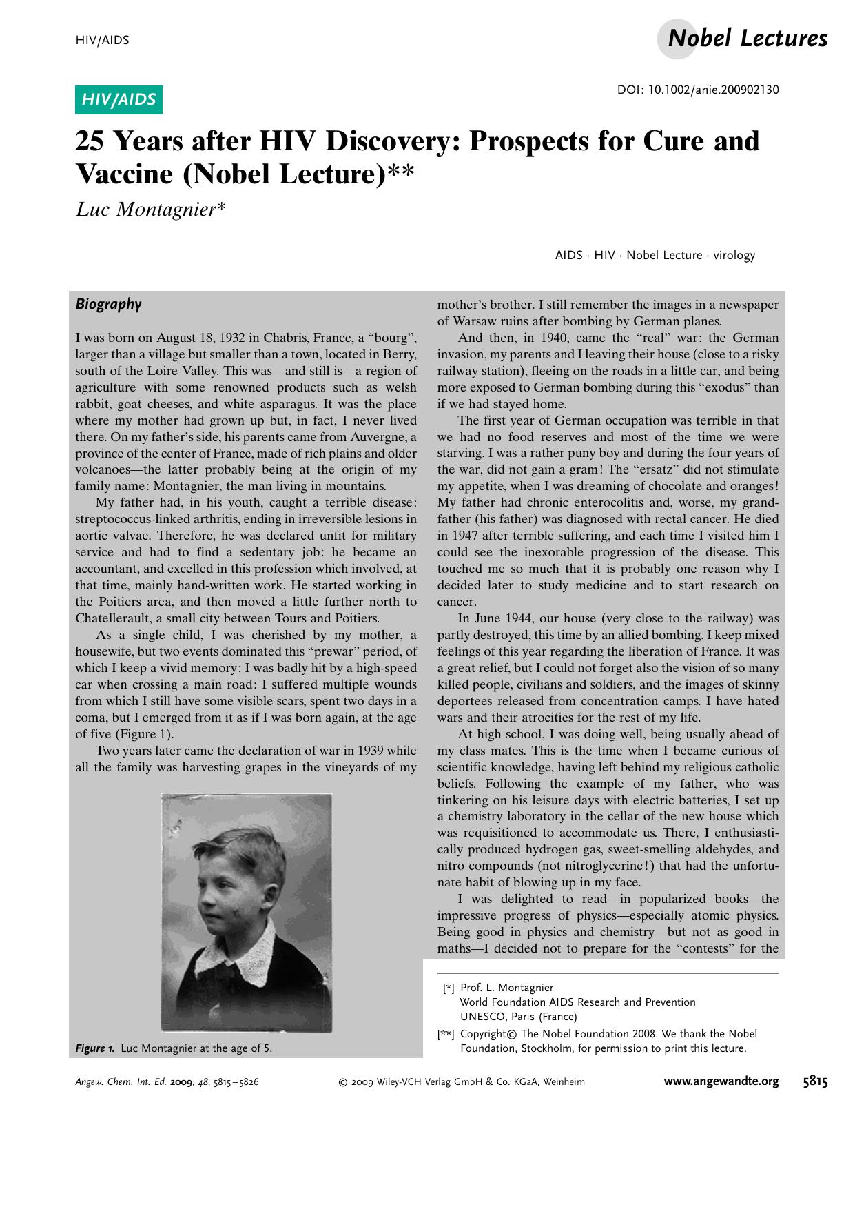 25 Years after HIV Discovery: Prospects for Cure and Vaccine (Nobel Lecture) by Unknown