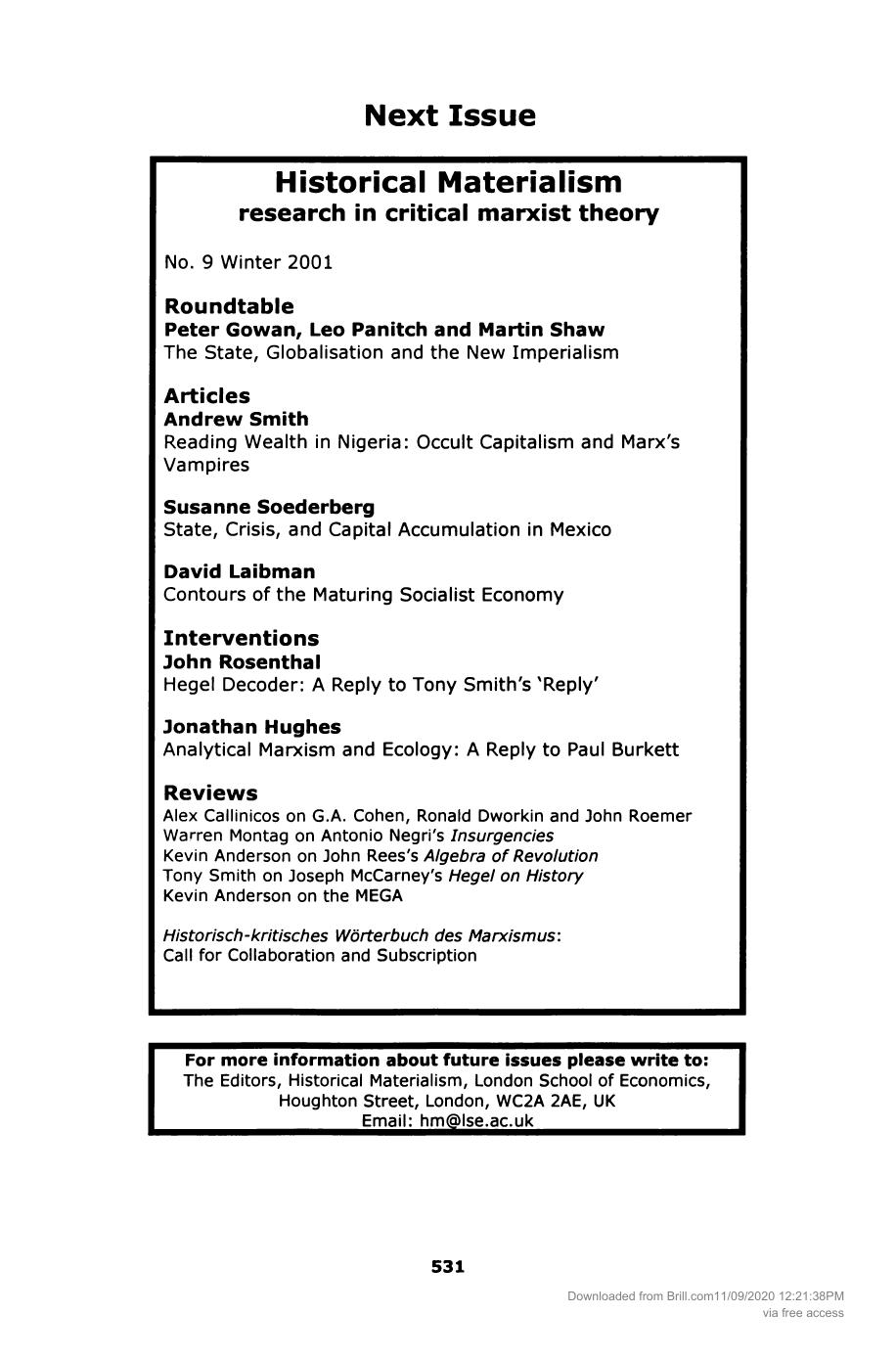 26. Editors Historical Materialism by Notice of next issue