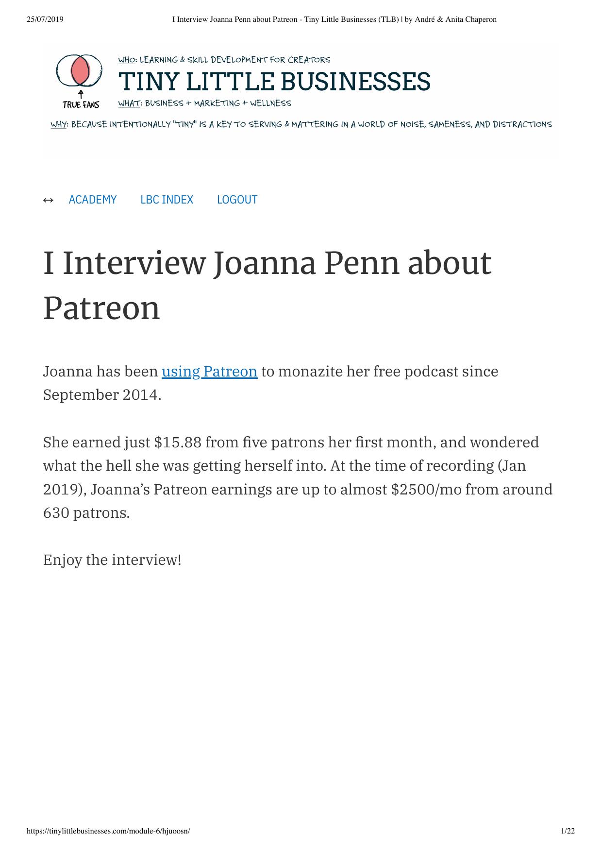 27. I Interview Joanna Penn about Patreon by Tiny Little Businesses (TLB) by André & Anita Chaperon