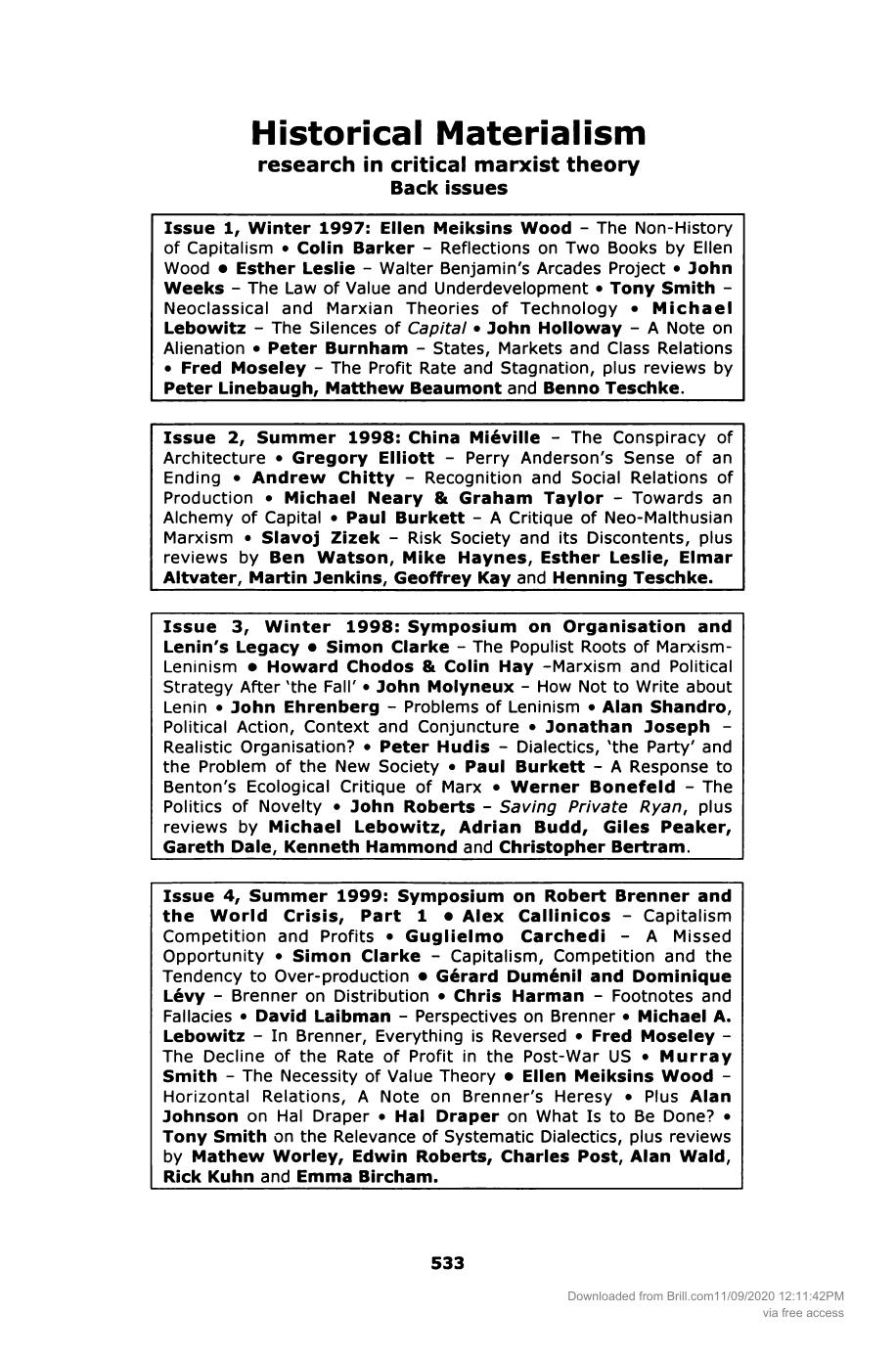 28. Editors Historical Materialism by Notice of back issues