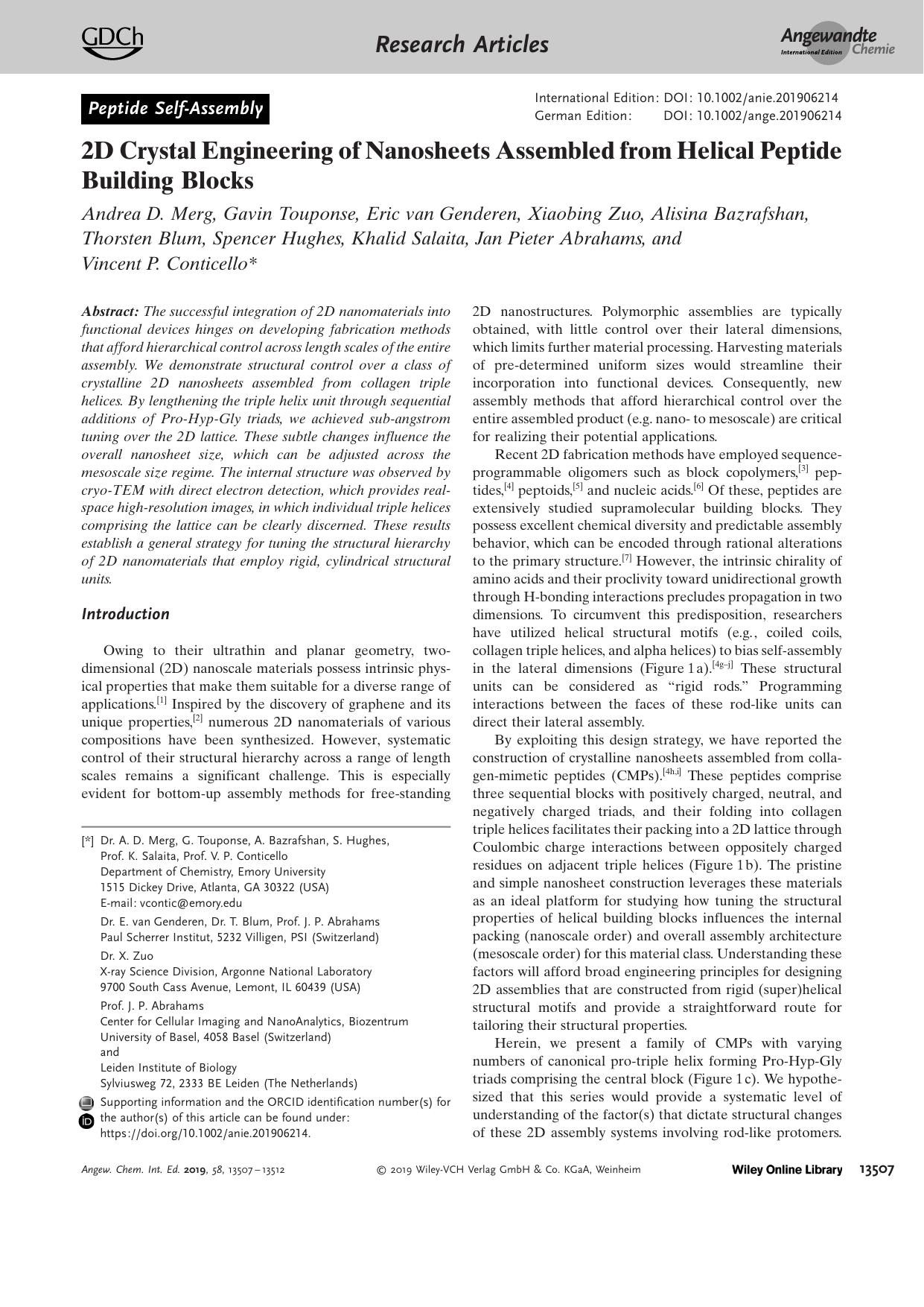 2D Crystal Engineering of Nanosheets Assembled from Helical Peptide Building Blocks by Unknown