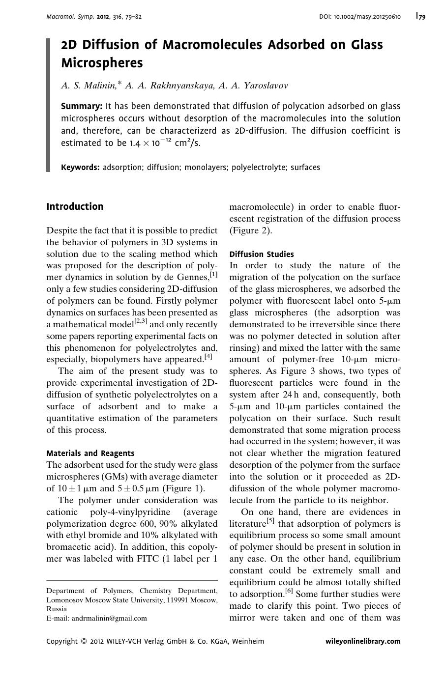 2D Diffusion of Macromolecules Adsorbed on Glass Microspheres by Unknown
