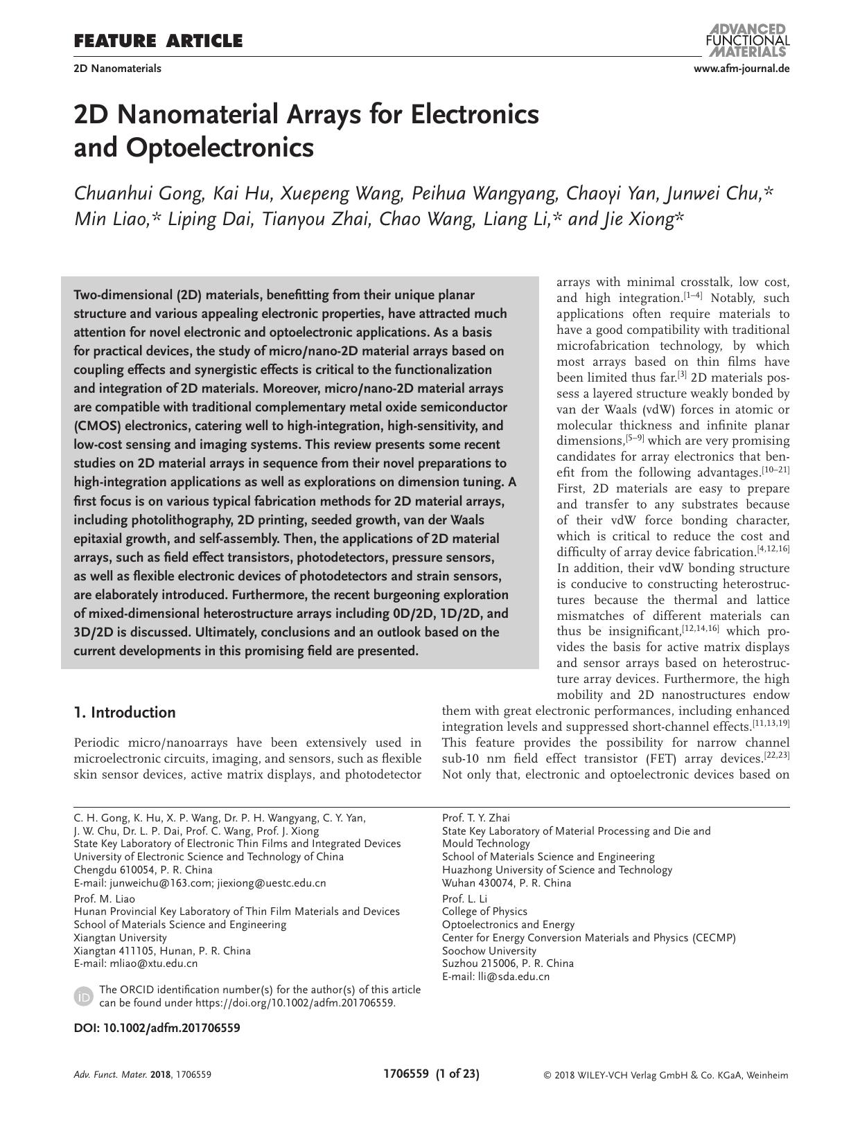 2D Nanomaterial Arrays for Electronics and Optoelectronics by Unknown